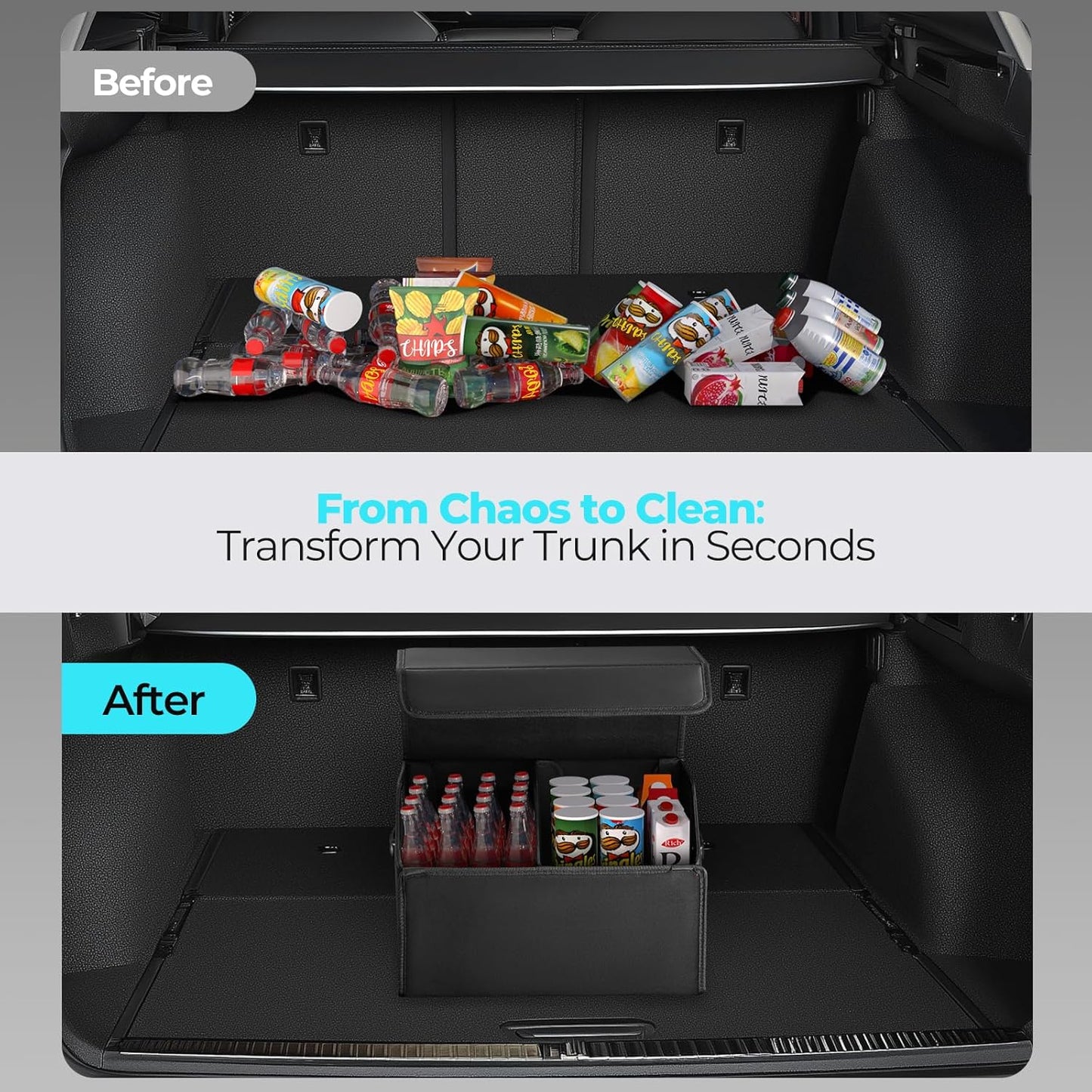 Car Organizers for Trunk for Suv Sedan, Leather Storage Box,Magnetic Lid,Collapsible and Adjustable,16.5 inches