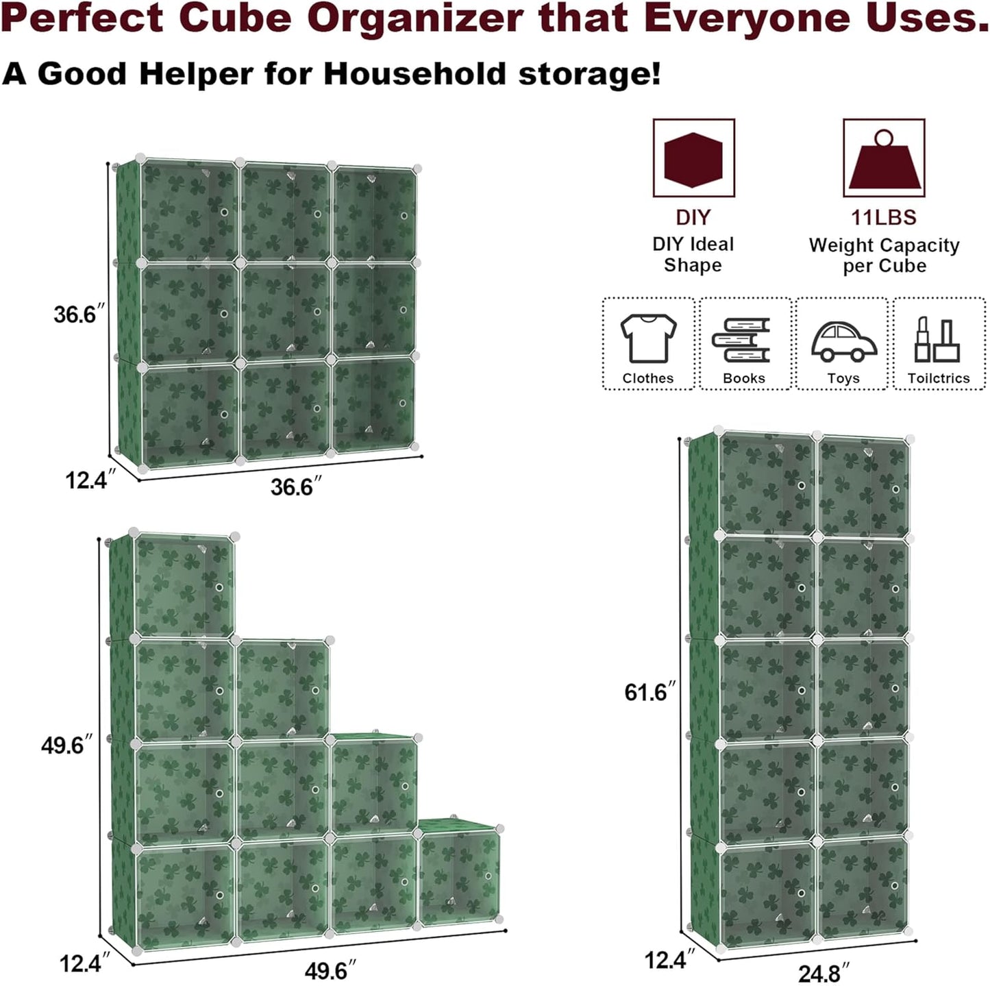 C&AHOME Cube Storage Organizer with Doors, 10-Cube Shelves, DIY Plastic Modular Bookshelf, Closet Clothes Storage Shelving Ideal for Bedroom, Living Room, Clover Embossed, Green