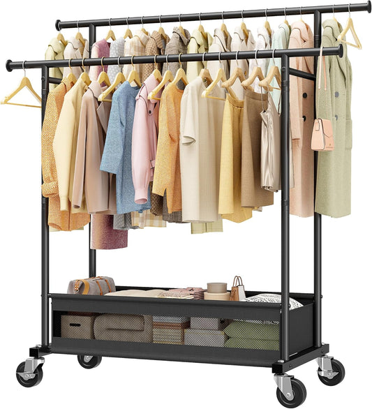 Clothes Rack, Double Rod Clothing Rack with Storage Bag & Sturdy Wheels, Metal Garment Rack for Closet Organizers and Storage, 43.3" W×17.7" D×63" H
