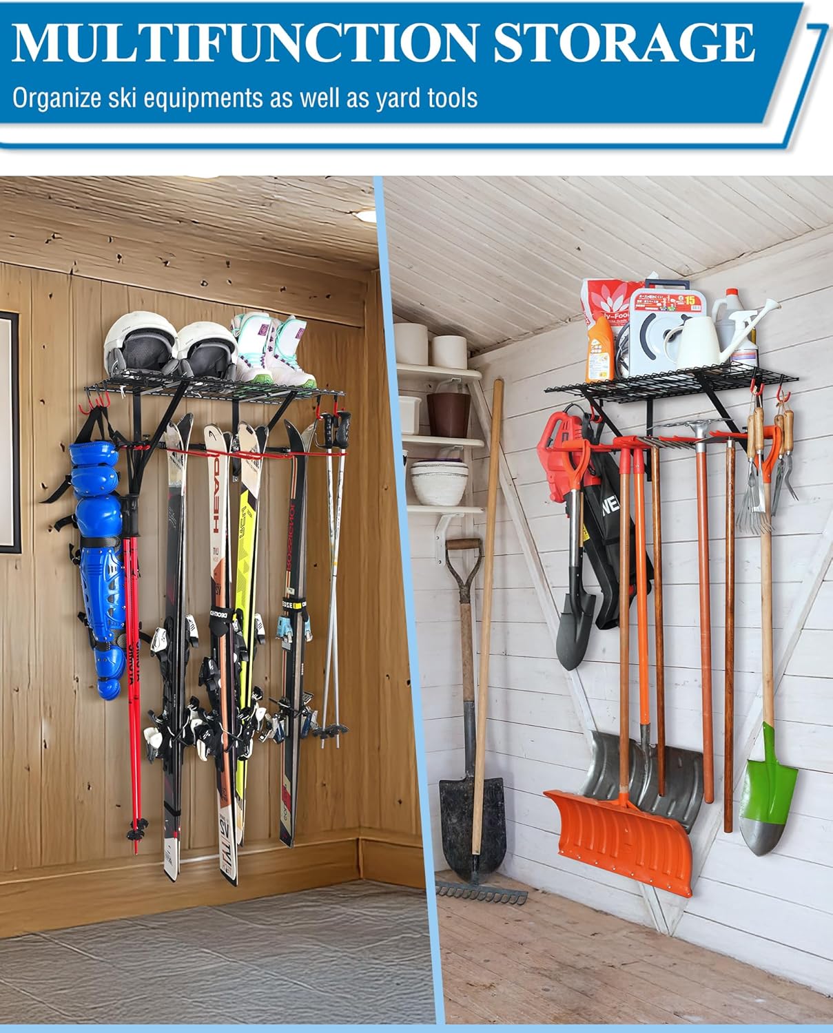 Mythinglogic Wall Mounted Ski Rack, Ski and Snowboard Storage Rack for Garage/Shed, Large Capacity Ski Equipment Holder with Top Shelf