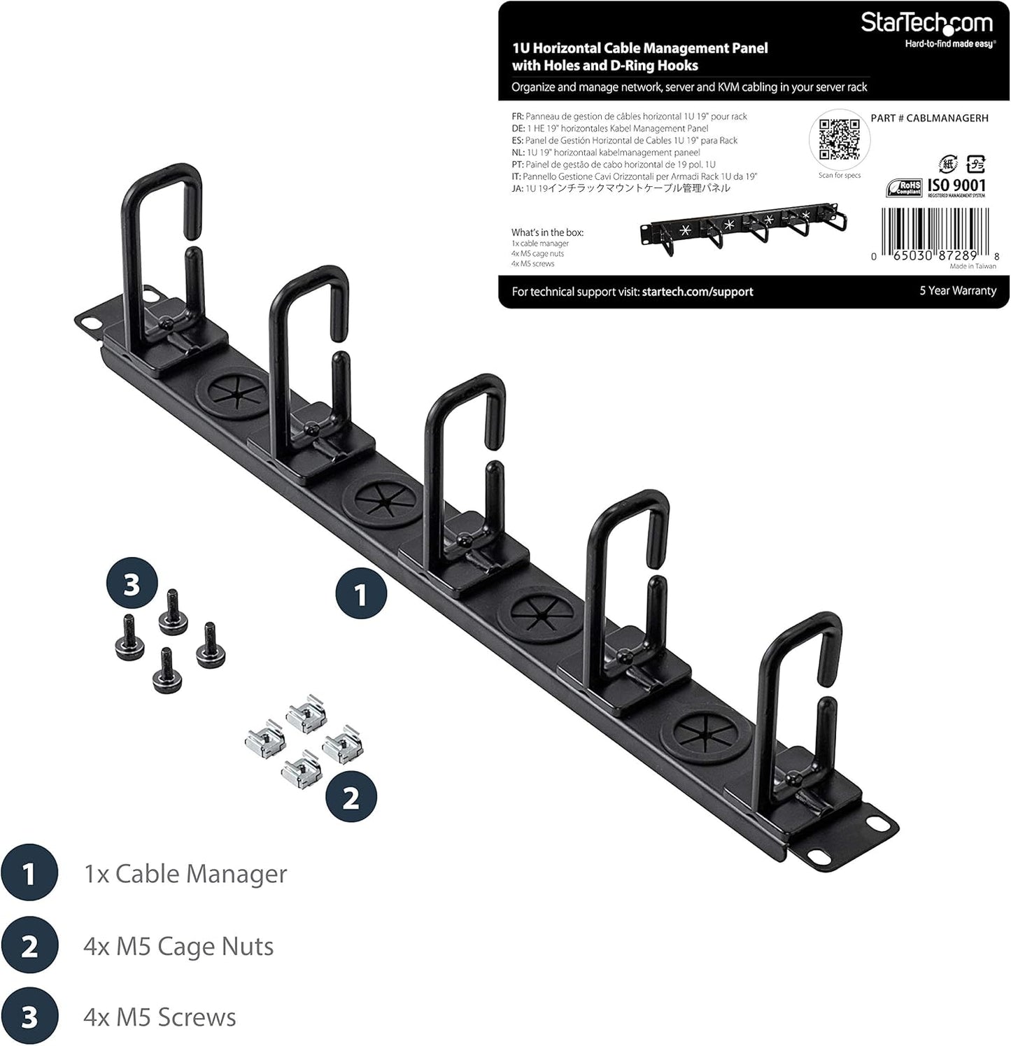 StarTech.com 1U 19" Cable Management Organizer - D Ring Hook Network/Server Rack Cord Manager - Data Center Horizontal Wire Panel with Passthrough Holes w/Mounting HW - EIA/ECA-310-E (CABLMANAGERH)