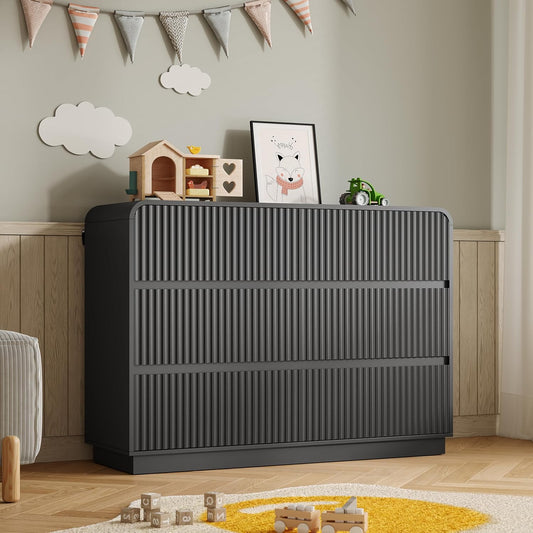 Dresser for Bedroom with 6 Drawers, Fluted Chest of Drawers with Round Curved Corner, Hidden Handles, Modern Wood Storage Organizer for Bedroom, Nursery, Living Room