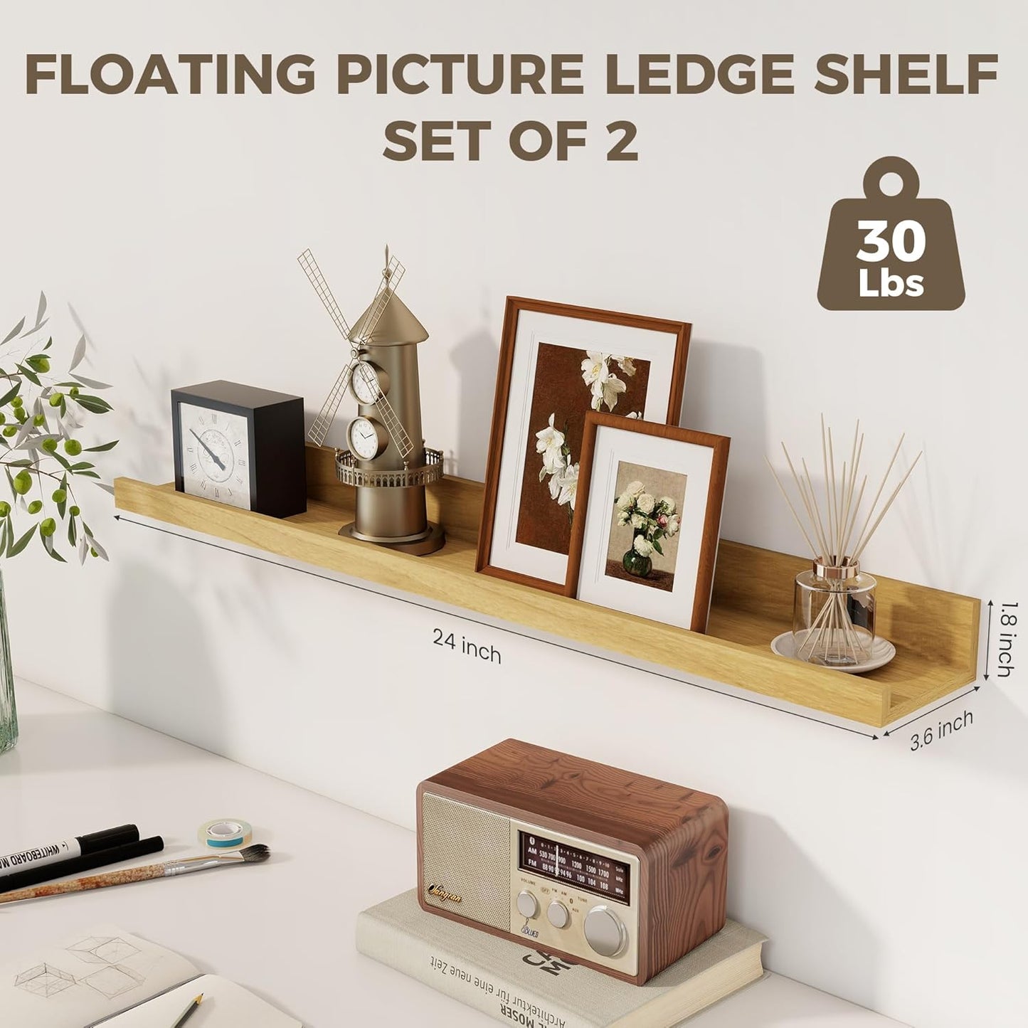 Axeman Oak Floating Shelves - 24 Inch Picture Ledge Shelf Set of 2 - Rustic Picture Shelf for Wall with Ledge - Oak Floating Shelves with Lip - Photo Ledges