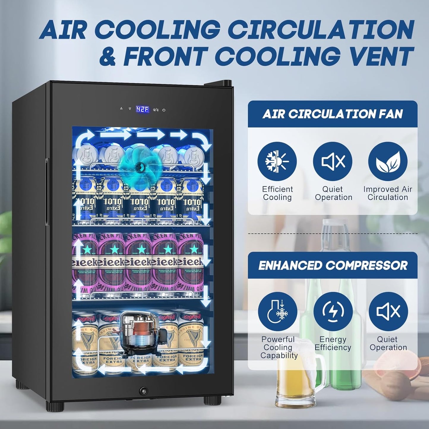 17Inch Beverage Refrigerator and Cooler Freestanding, 96 Cans Mini Fridge with glass door and Lock, Small Drink Fridge for Soda, Beer, Wine, For Home Bar Office with LED Light