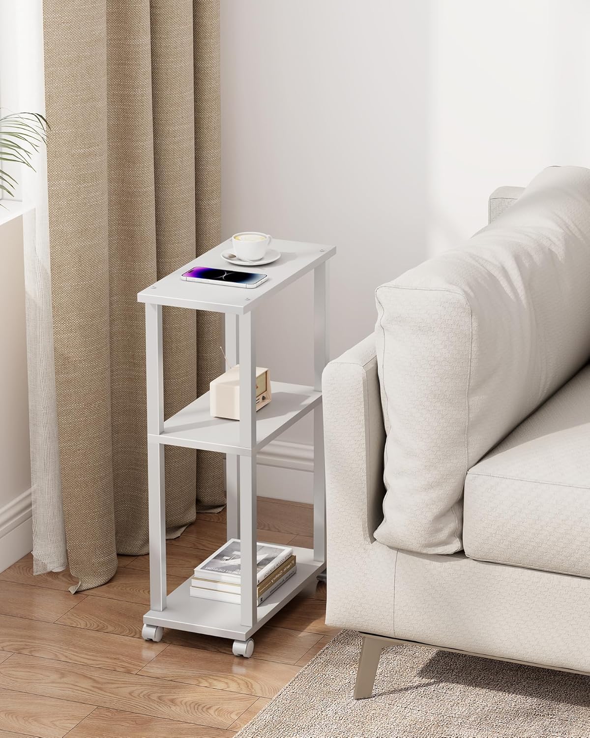 TUTOTAK Small Side Table, Narrow End Table, Bedside Table, Set of 2, Couch Side Table with Wheels for Living Room or Bedroom, White TB01BW0612