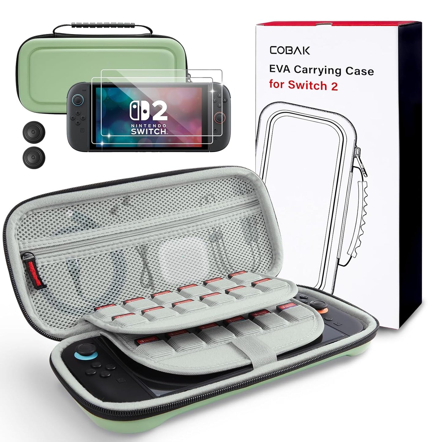 CoBak Large Capacity Carrying Case for Nintendo Switch 2 (2025) - 3 in 1 Accessories Bundle with 2 Screen Protectors, Thumb Grip Caps, 24 Game Cartridges, Hard Shell Portable Travel Pouch, Matcha