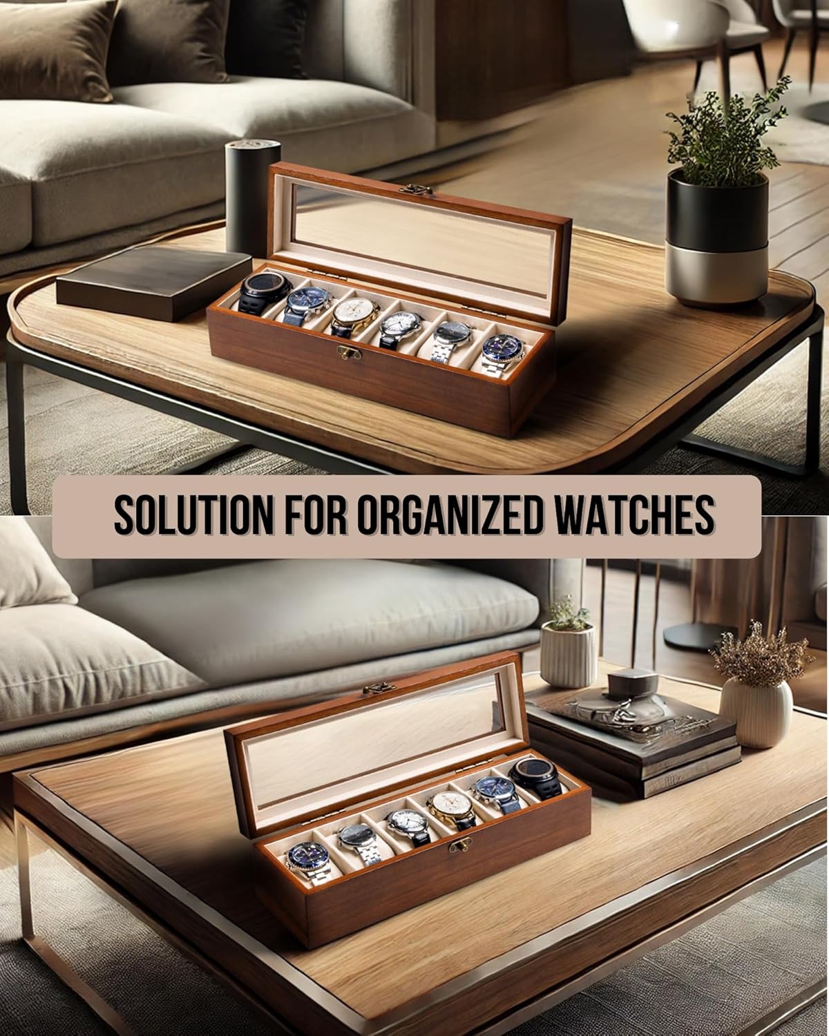 Watch Box, Watch Case for Men Women with Large Glass Lid, Wooden Watch Display Storage Box with 6 - Slots, Classic Walnut Mens Watch Box Organizer