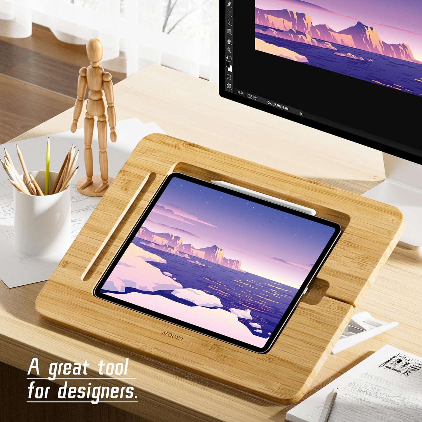 Wooden Tablet Drawing Stand - Adjustable 5 Angles for Laptop,Book Reading Stand, Compatible with 12.9/13inch iPad Pro with iPad Case Version(3rd - 7th Gen)