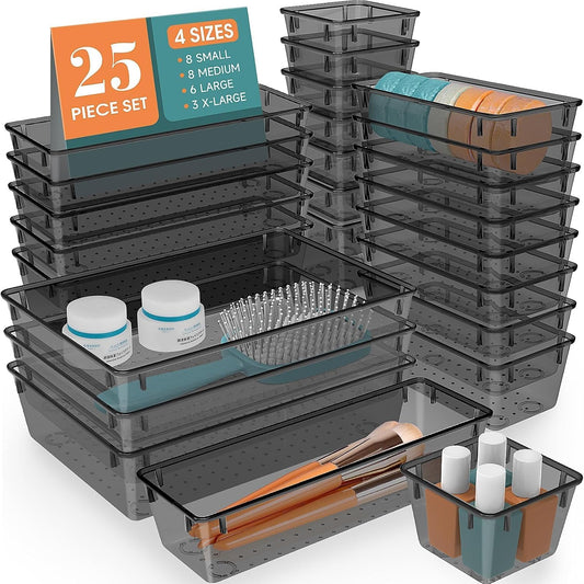 25 PCS Drawer Organizer Set, 4 Varied Size Bathroom and kitchen Drawer cabinet organizer Trays, Clear Storage Bins for Makeup, Jewelry, Utensils and Gadgets，Black