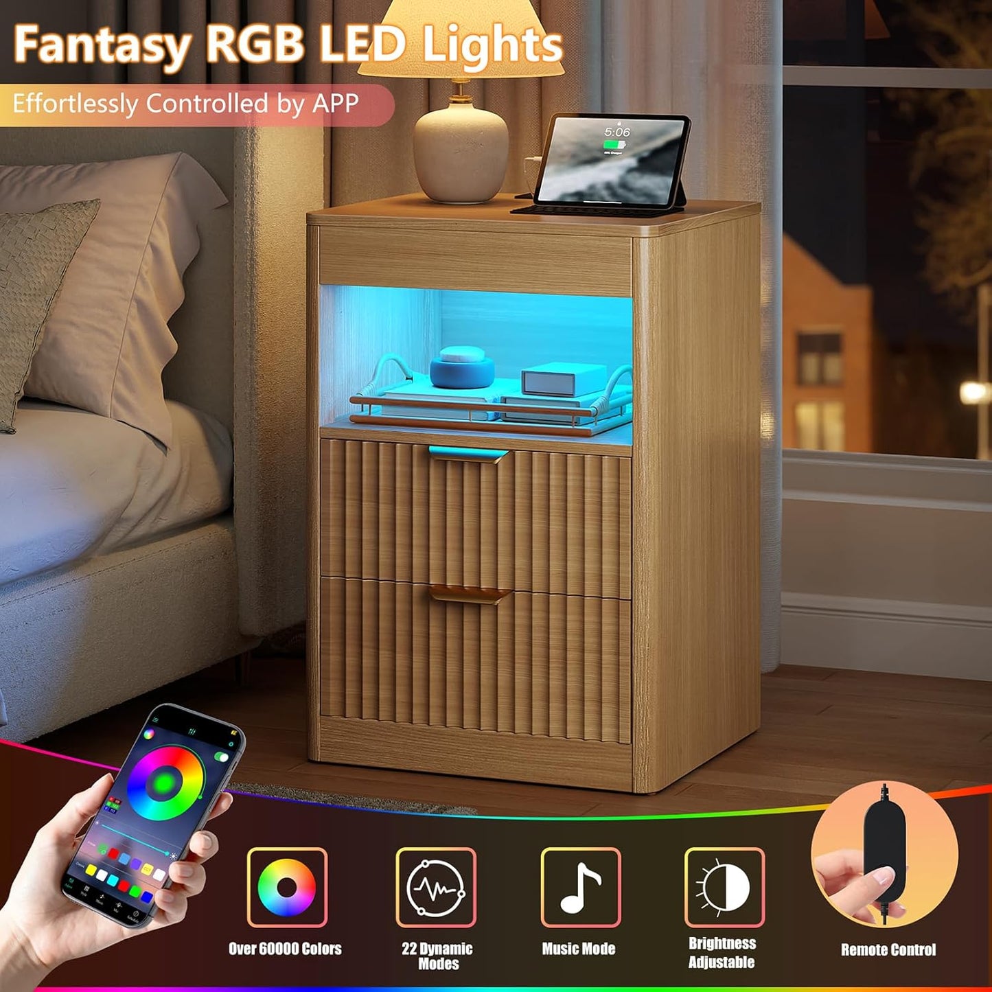 REAHOME Fluted Nightstand Set of 2 with Charging Station, Modern LED Night Stand with 2 Drawers and Pull Out Tray, Wood Bedside Table, End Side Table with Open Shelf for Bedroom,Natural