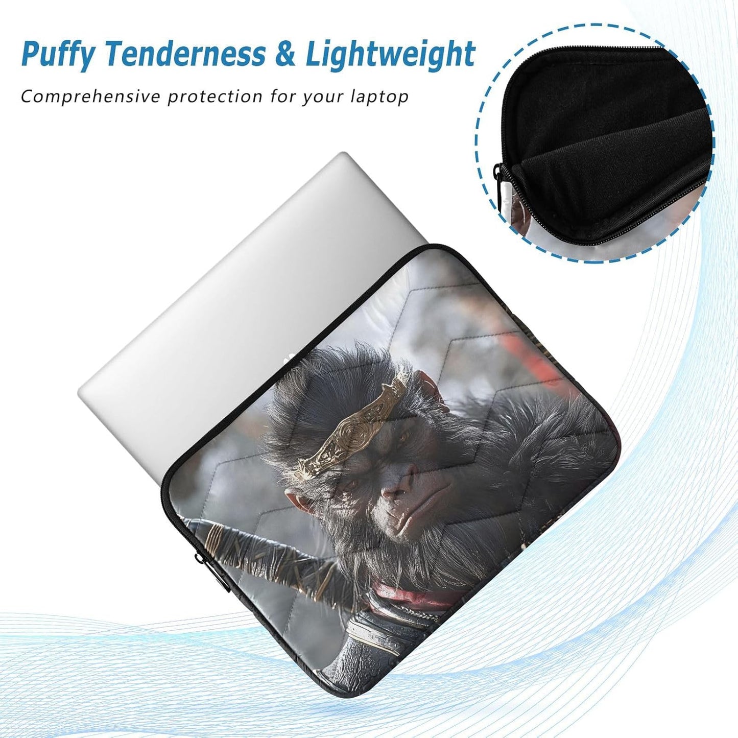 Quilted Laptop Sleeve Case,Slim Portable Black Computer Protective Cover,Wukong(13'' - 14'')
