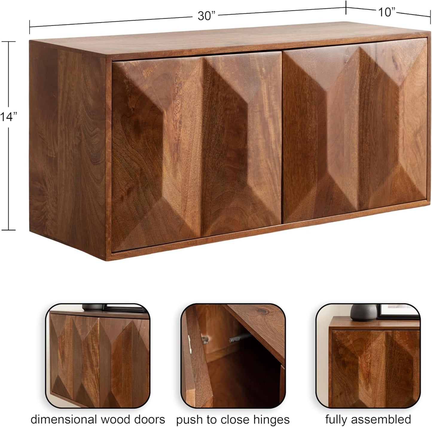 Kate and Laurel Ranier Modern Wooden Two-Door Wall Cabinet, 30 x 10 x 14, Walnut Brown, Decorative Storage Cabinet with Dimensional Face for Use as Floating Nightstand or Floating TV Shelf
