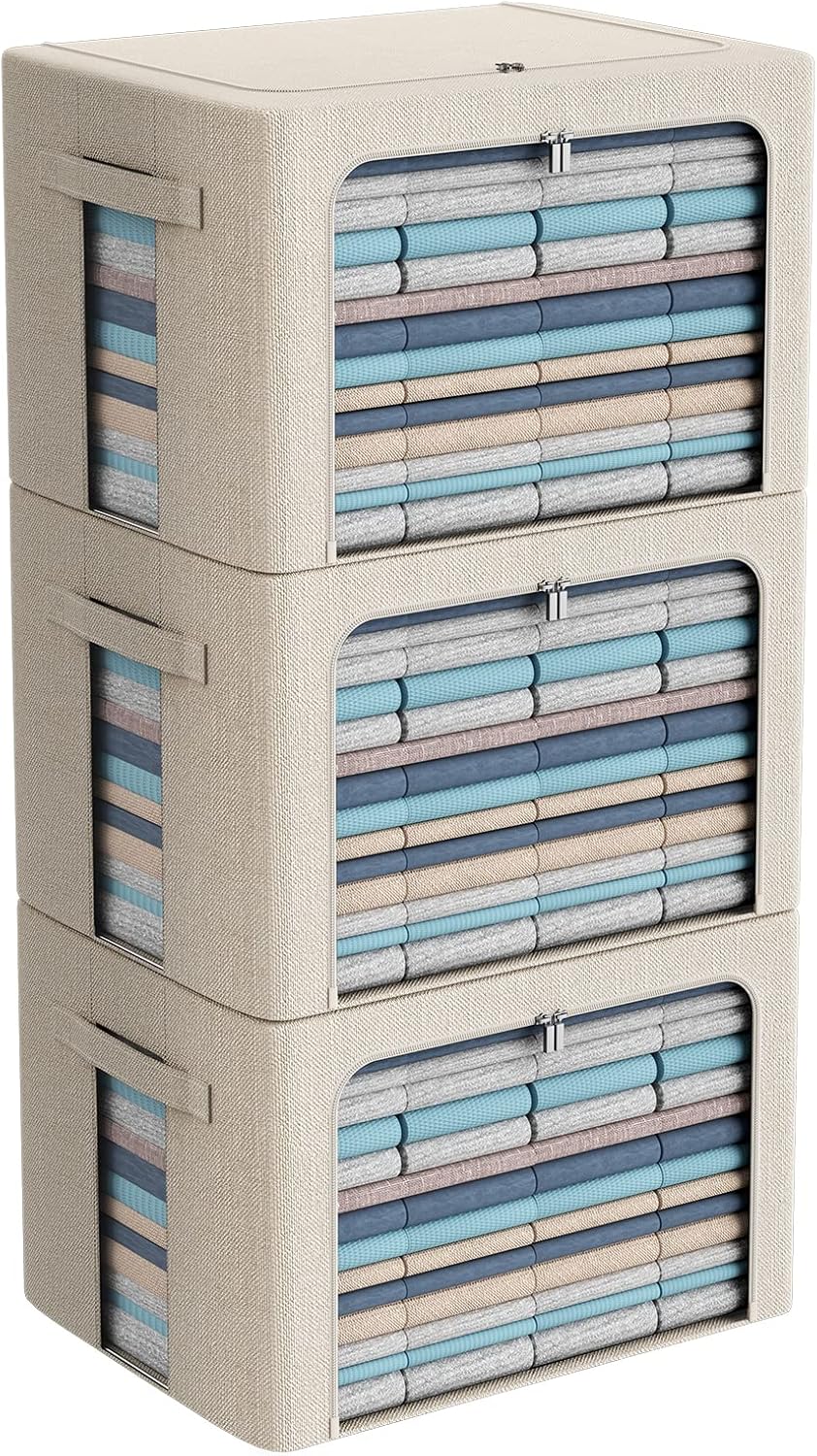 CYhom 3Pack Foldable Storage Bins - Frame Storage Box Linen Fabric Stackable Clothes Container Organizer with Clear Window & Carry Handles Large Capacity (Extra Large-100L, Beige)