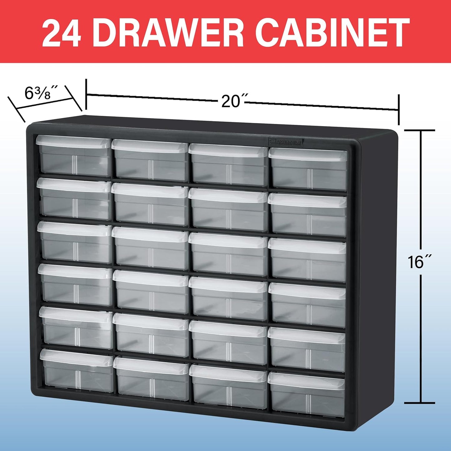 Akro-Mils 24-Drawer Plastic Drawer Storage Cabinet for Garage Organization, Bead Organizer, Building Bricks Storage, Teacher Toolbox, Makeup Organizer, 20" W x 6" D x 16" H, 10724 Black