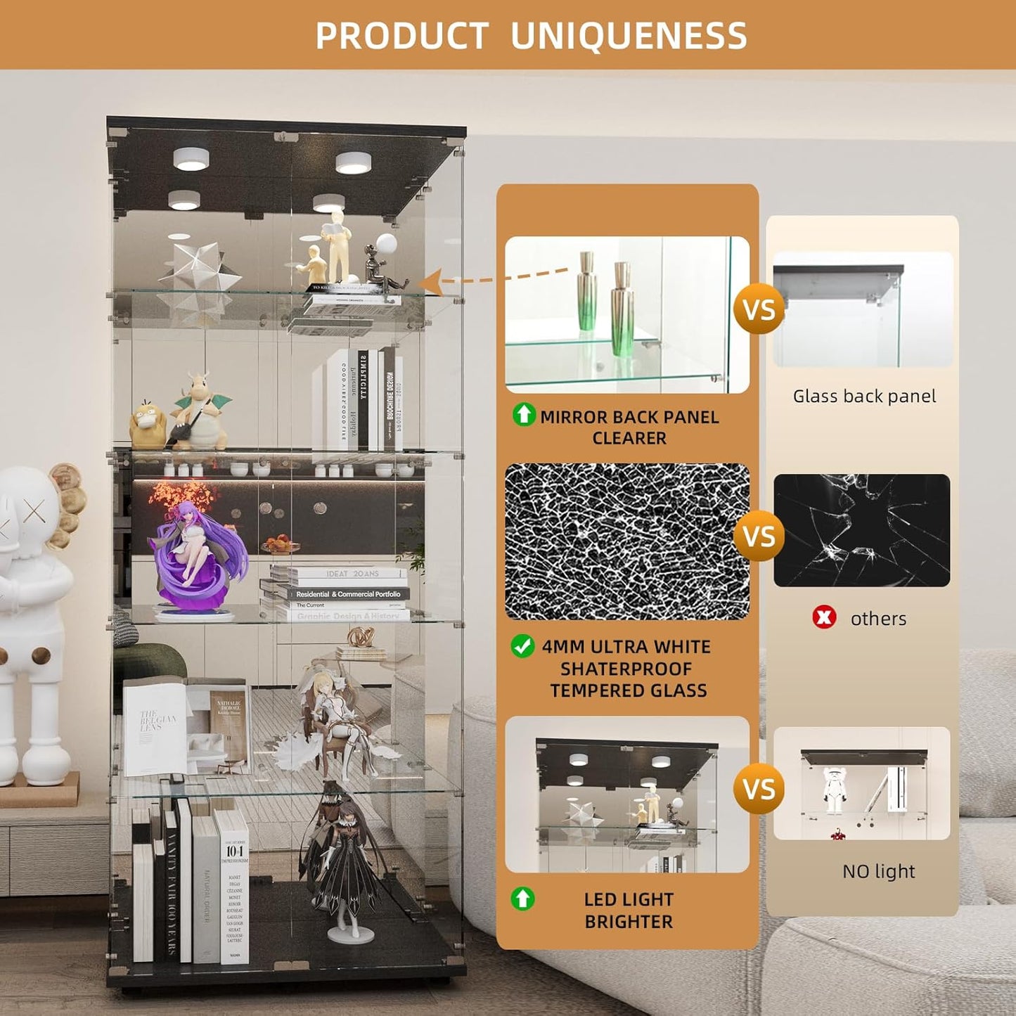 Beauty4U Glass Display Cabinet with LED Lights and Mirror, 5 Shelves with 2 Doors, Curio Cabinets for Living Room, Bedroom, Office, Black Floor Standing Glass Bookshelf, Quick Installation