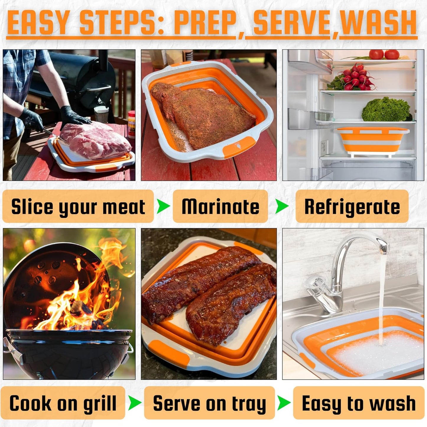 MAYALEAD BBQ Prep Tub with 2 Pcs Meat Shredder Claws, Collapsible Cutting Board, Cutting Board with Locking Lids, Drip Easy BBQ Prep Tub with lid-XL Size (Orange)