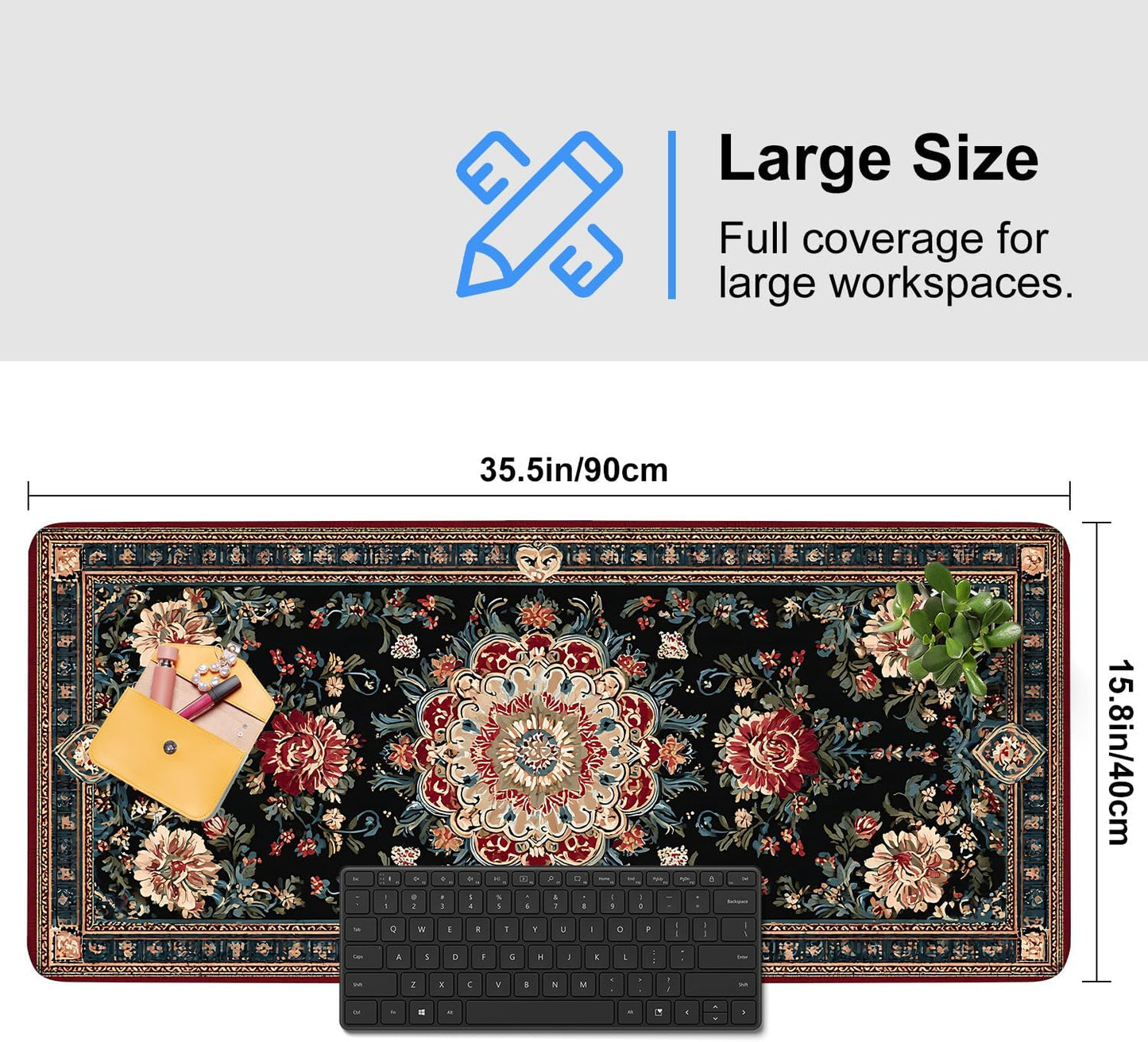 Vintage Persian Carpet Mouse Pad – Large Extended Desk Mat 35.43 x 15.75 in – Oriental Floral Rug Design, Non-Slip Rubber Base, Stitched Edges, Soft Keyboard & Mouse Mat for Office or Gaming