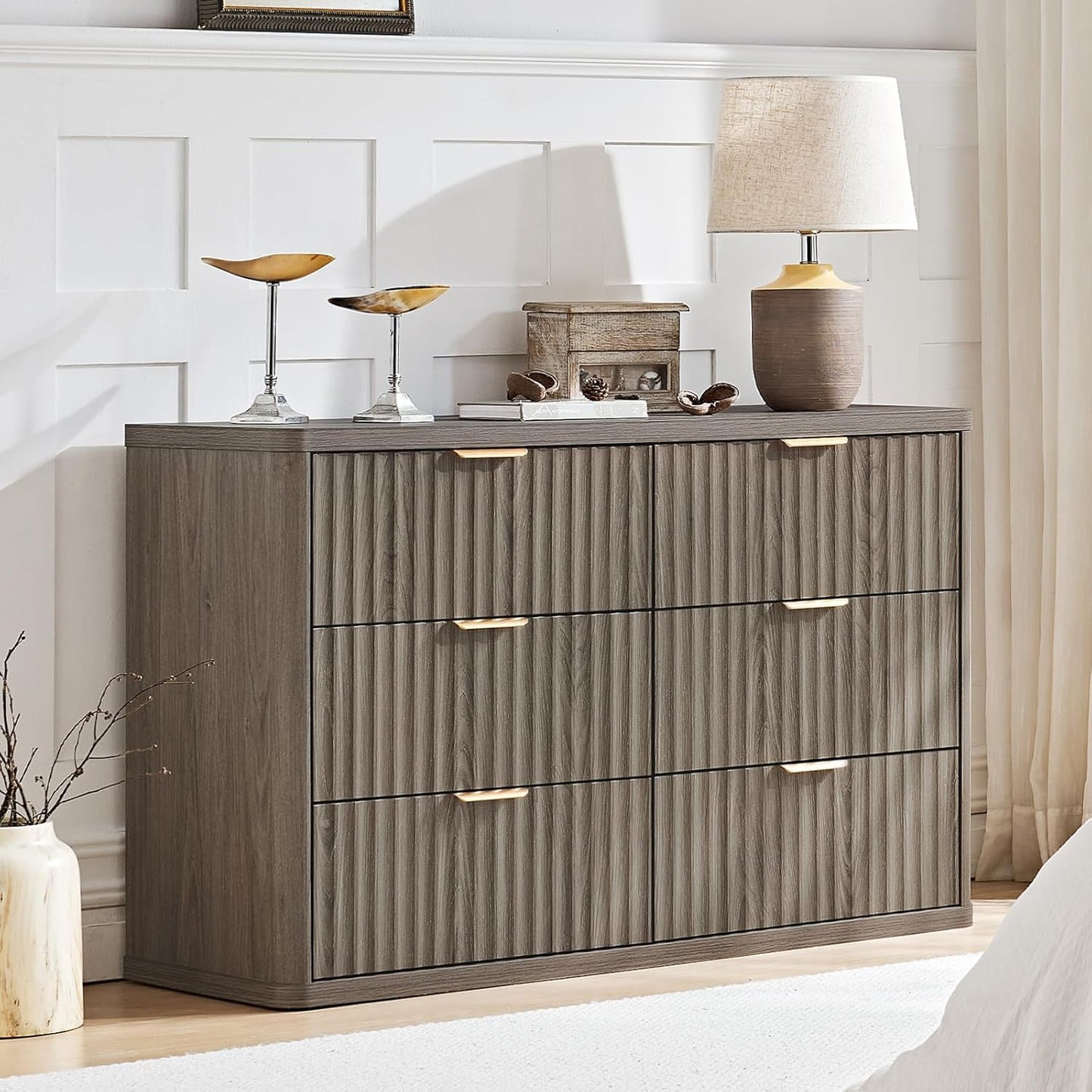 LEYAOYAO Fluted 6 Drawers Dresser Set of 2, 48" Wide Modern Chest of Drawers with Wood Grain Top, Curved Profile Design, Dresser TV Stand, Wooden Drawer Organizer for Bedroom, Living Room,Hallway,Grey