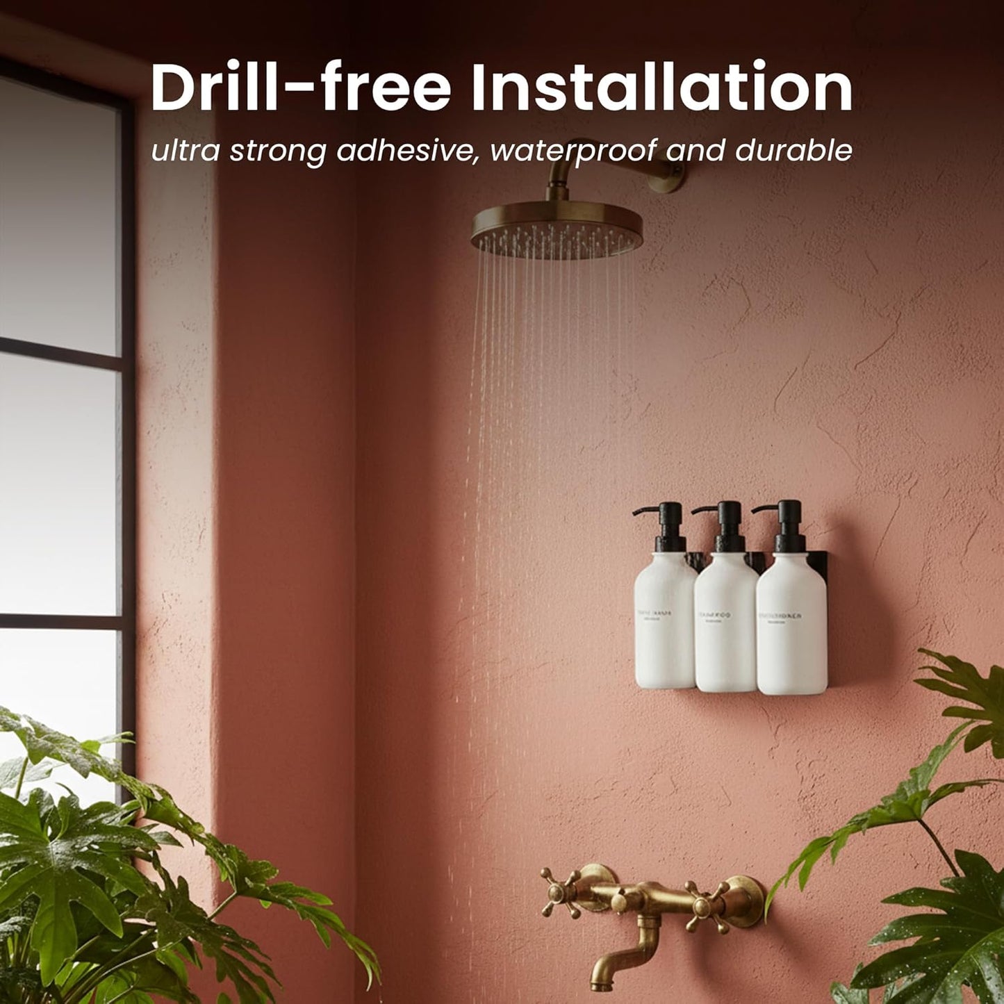 MaisoNovo Shampoo and Conditioner Dispenser - Shower Soap Dispenser Wall Mounted - 16.9 fl oz Set of 3 White Plastic Bottles Black Pump - 3 Chamber No Drill
