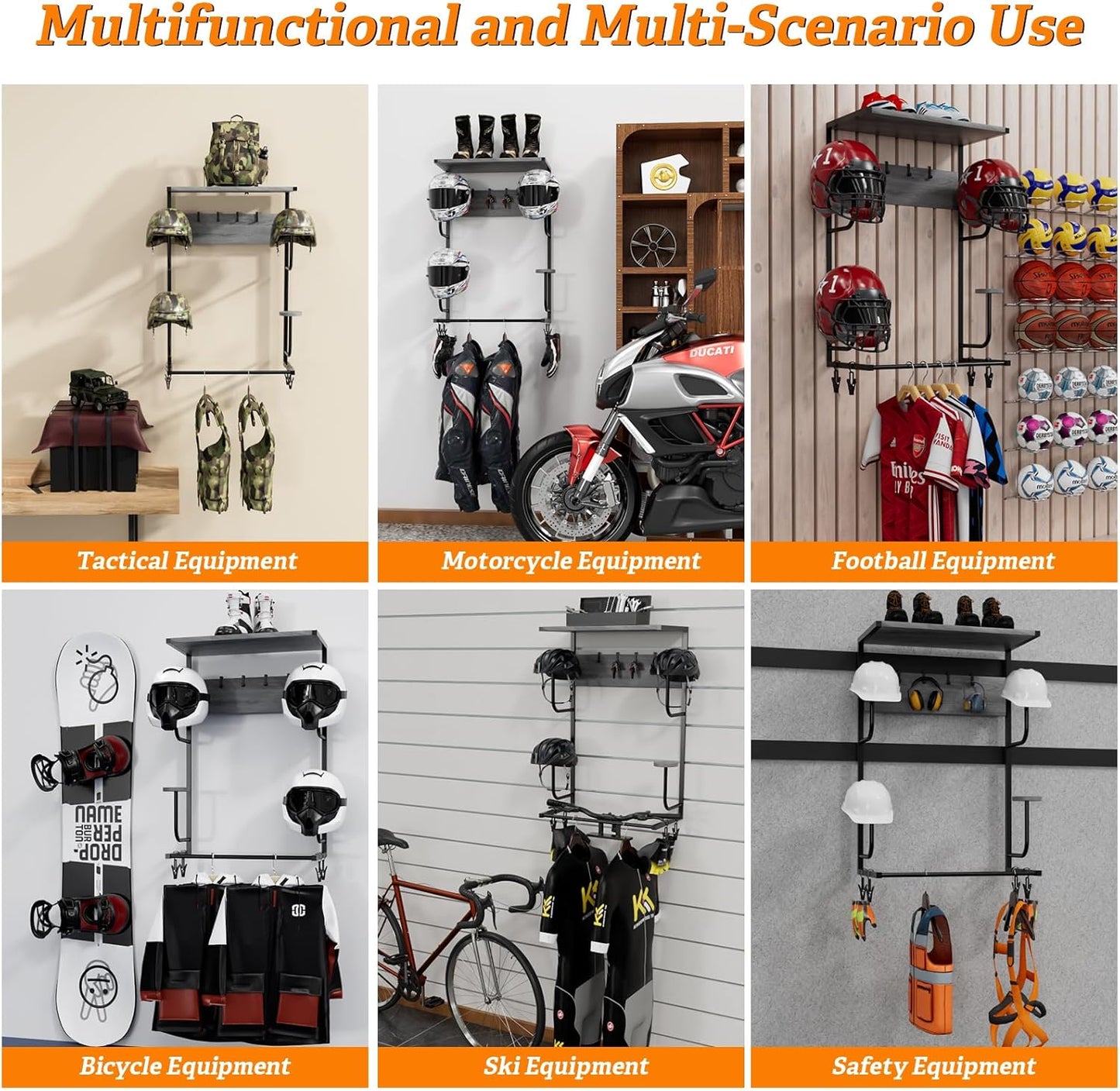 Motorcycle Helmet Holder Wall Mounted, Helmet Holder Wall Mount with Helmet Rack, 4 Glove Chips and 4 hooks, Rustic Helmet Holder and Motorcycle Helmet Rack for Most of Helmet and Clothes (Grey)