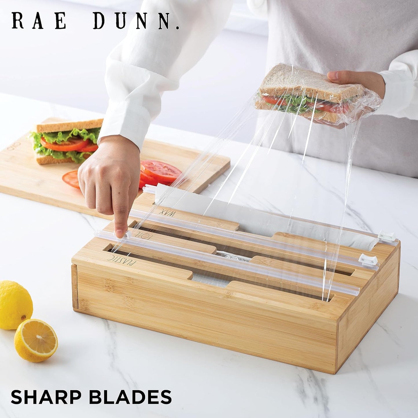 Rae Dunn Bamboo Bag Organizer for Kitchen Drawer - Durable Wood Organizer for Kitchen Storage - Holds Gallon, Quart, Snack, Sandwich Size Baggies, Plastic Wrap and Foil