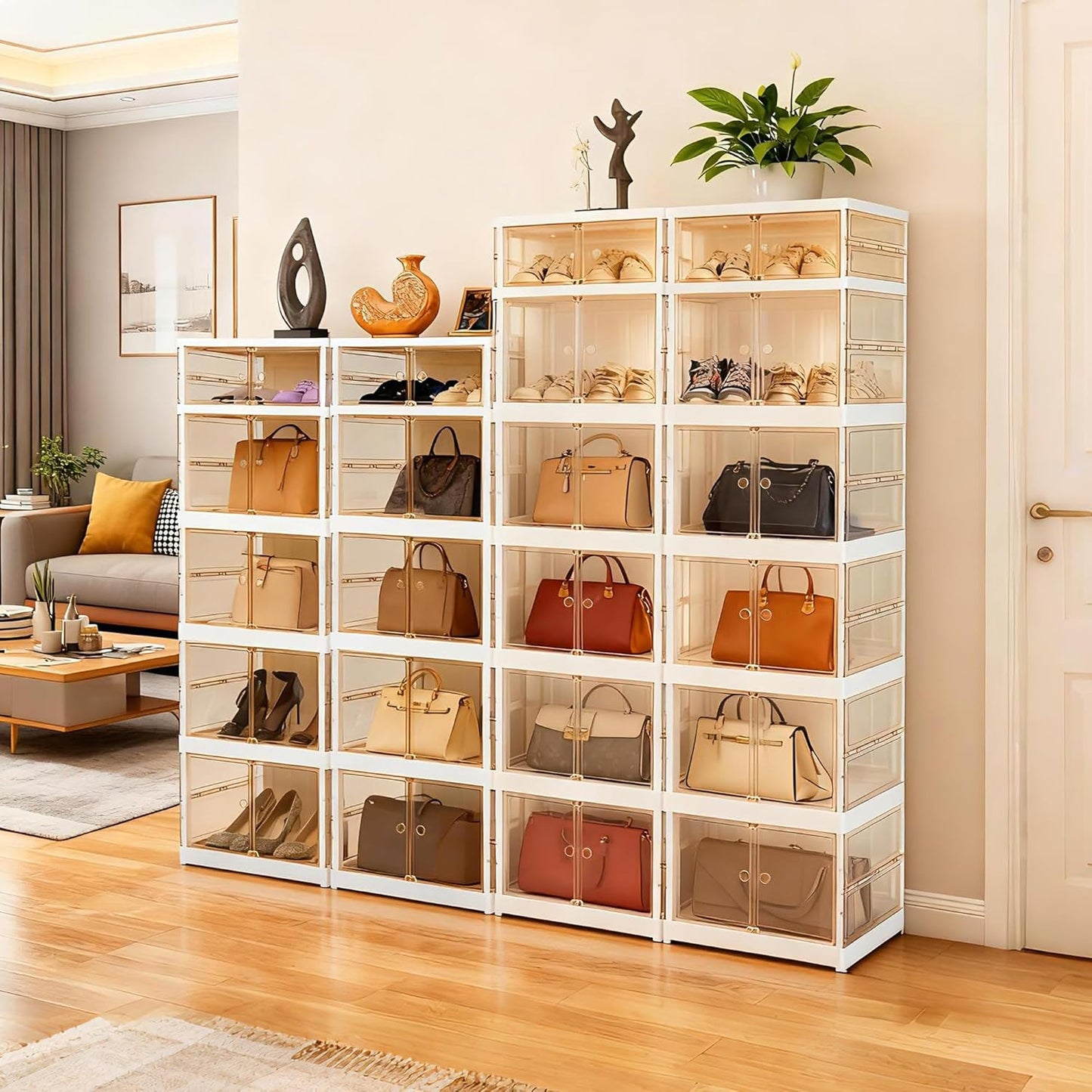 MGWILL Foldable Shoe Rack, Purse Organizers for Closet Plastic Clear Storage Box for Entryway, Large Sneaker Cabinet Bins Display Case for Collectibles with Magnetic Door 5 Tiers