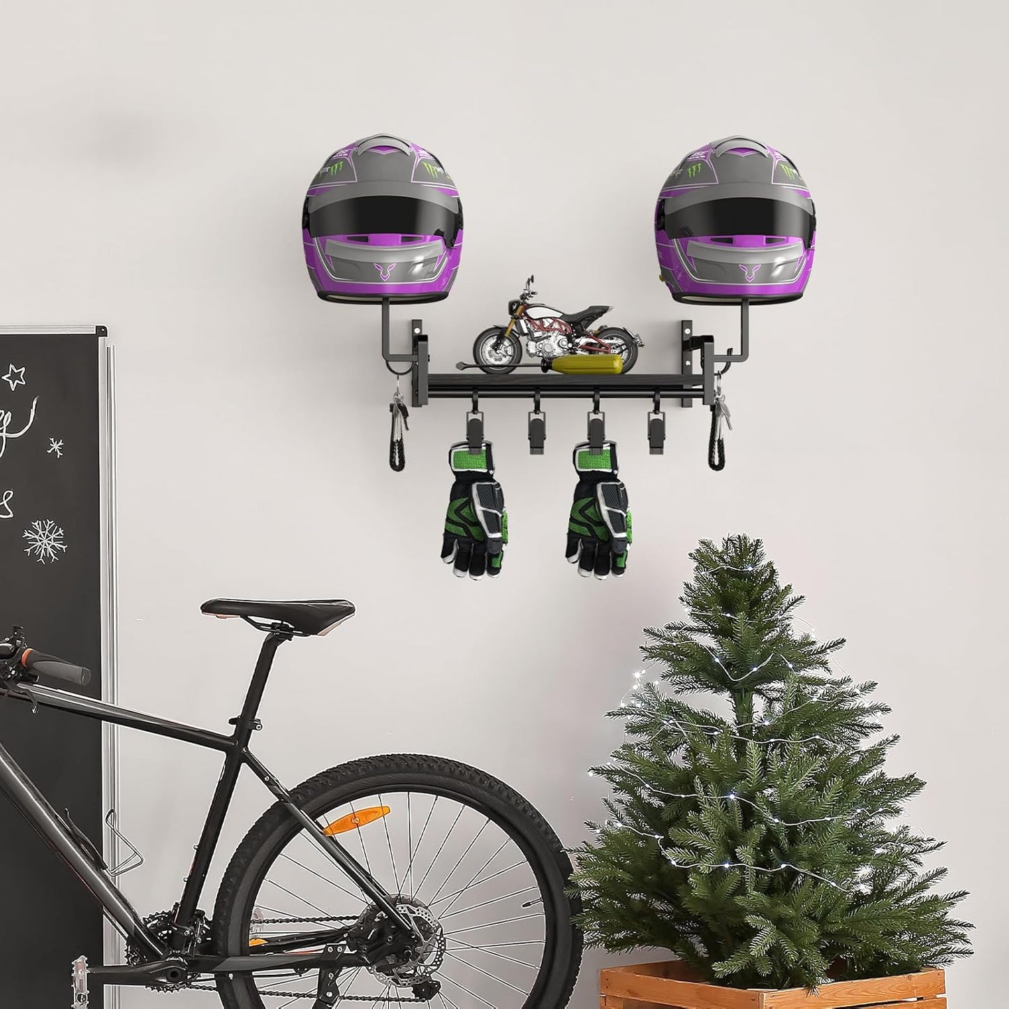 OYEAL Helmet Rack Wall Mount Black Motorcycle Helmet Holder with Shelf, Gear Storage Rack with Hooks, 4 Glove Clips for Motorcycle Accessories