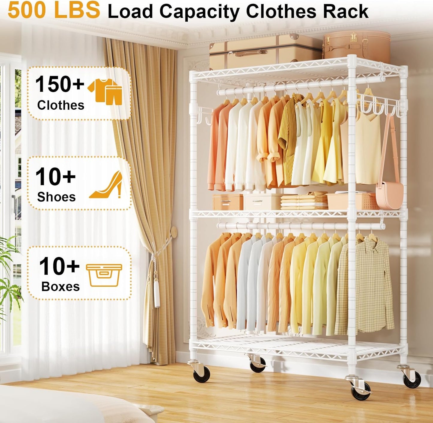 P1 Rolling Clothes Rack Heavy Duty, Metal Closet Clothing Rack with Lockable Wheels, Portable Wardrobe Closet for Hanging Clothes, 35.5" W x 15.7" D x 80.5" H, Hold 500lbs, White