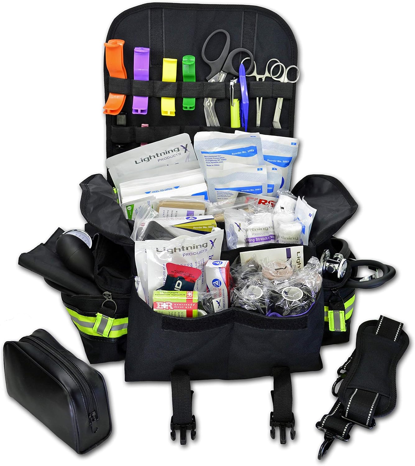 Lightning X Personalized First Responder EMT EMS Trauma Bag w/Stocked First Aid Fill Kit B & Custom Embroidered Name Patch (Black)