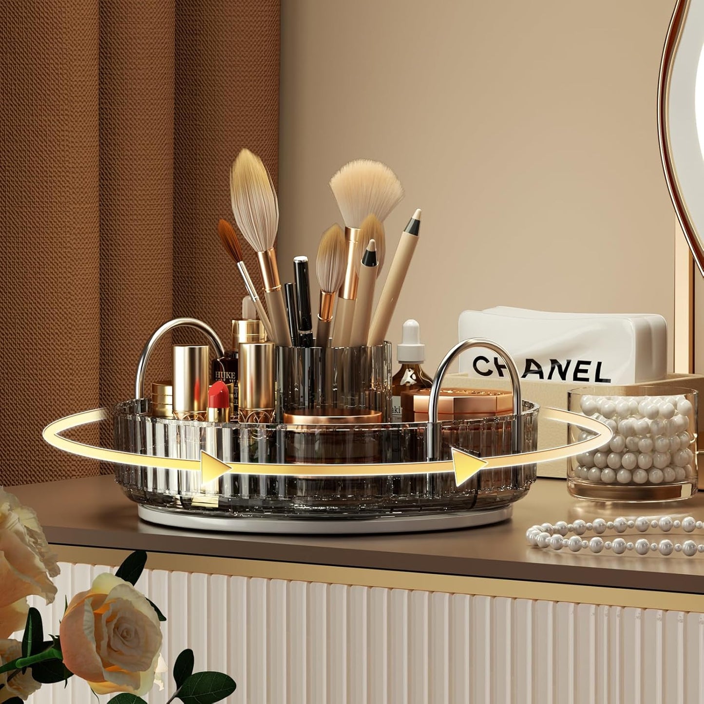 YCIA&DONE Rotating Makeup Organizer for Vanity, Large Capacity Make Up Storage Skin care Shelf Perfume Holders Cosmetic Dresser Organizer Countertop Spinning 360 (Smoky Gray, 1Tier)