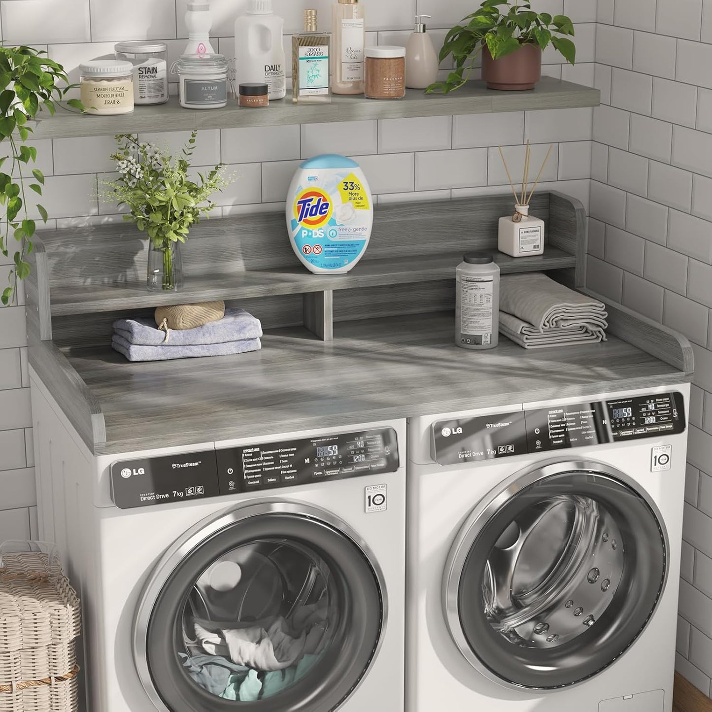 2-Tier Washer Dryer Countertop with 2.75"H Edge Rails, 54" W x 27.55" D Laundry Countertop for Folding Clothes, Washer and Dryer Topper with Non-Slip Pad (Stripe Gray)