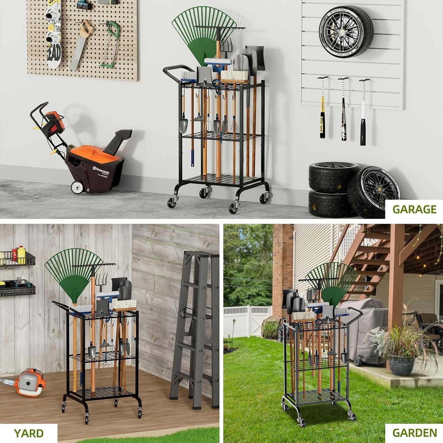 Garden Tool Organizer with Wheels, Yard Tool Tower Rack for Garage Organization and Storage, Up to 35 Long-Handled Tools,Metal Tool Holder with 6 Hooks, Black