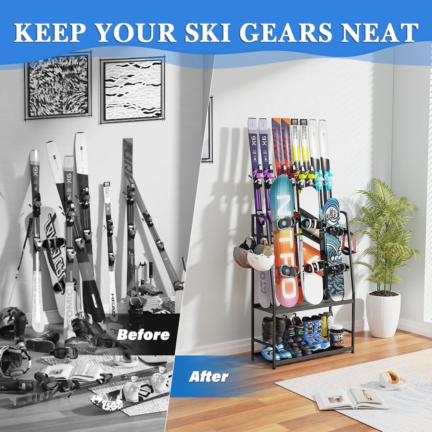 Ski Rack for Garage,Freestanding Snowboard Rack for Ski,Snowboard, Ski Boot, Ski Poles, Goggles, Helmet and More, Heavy Duty Steel Floor Stand Ski Organizer for Garage Basement