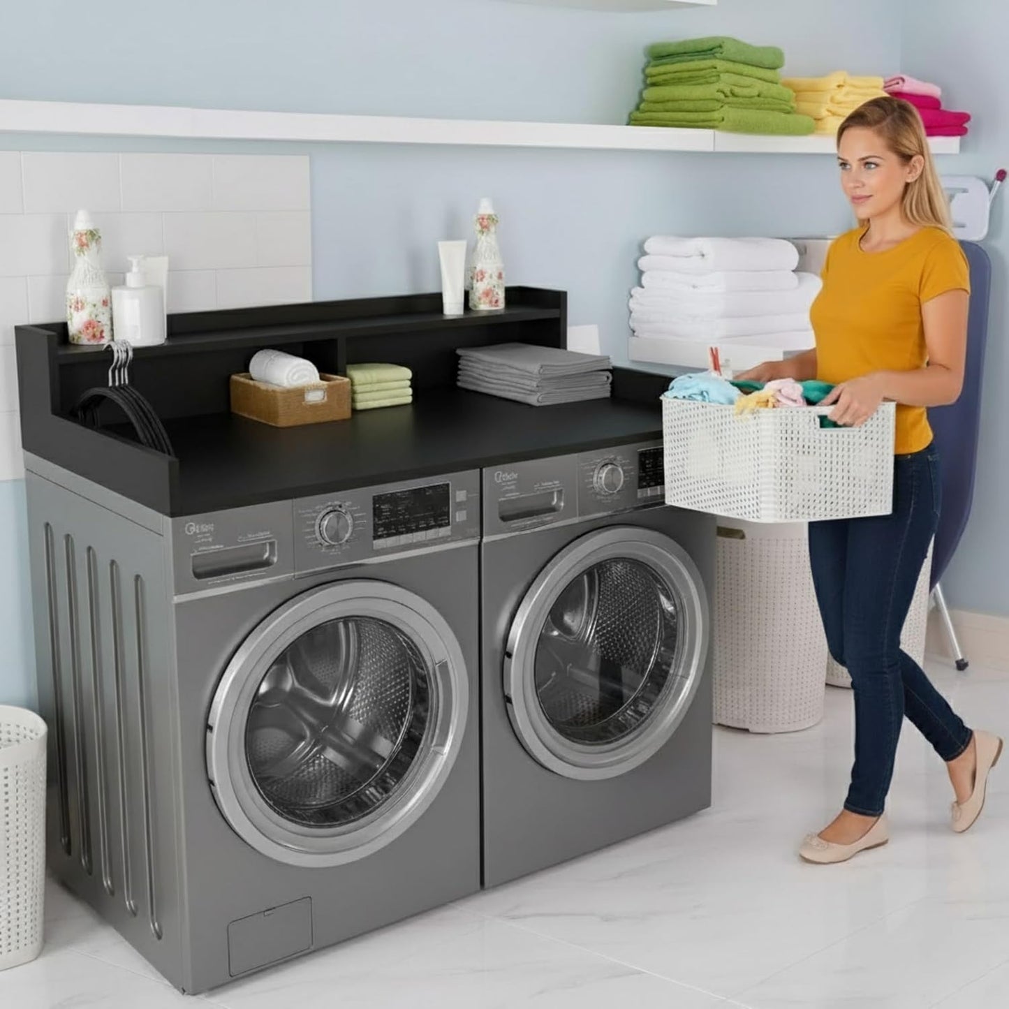 OfficeSimpli Washer Dryer Countertop with Shelf - 27.5 x 54 Inch - Made in USA Laundry Countertop Over Washer and Dryer with Non-Slip Pads, Storage Shelf, Laundry Topper Organizer, Black