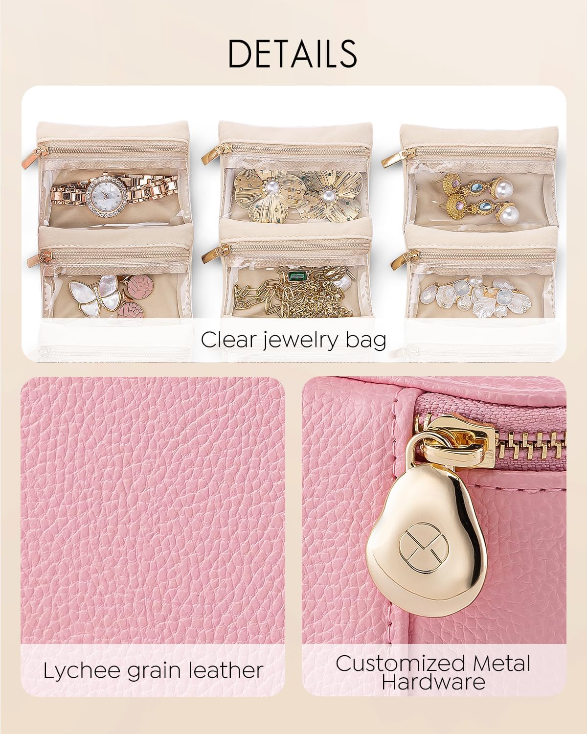 Vlando Travel Jewelry Case,PU Leather Jewelry Storage Organizer Case with 6 pcs Jewelry Bag,Christmas Wedding Birthday Gift Ideas for Women Bride Girls Pale Pink