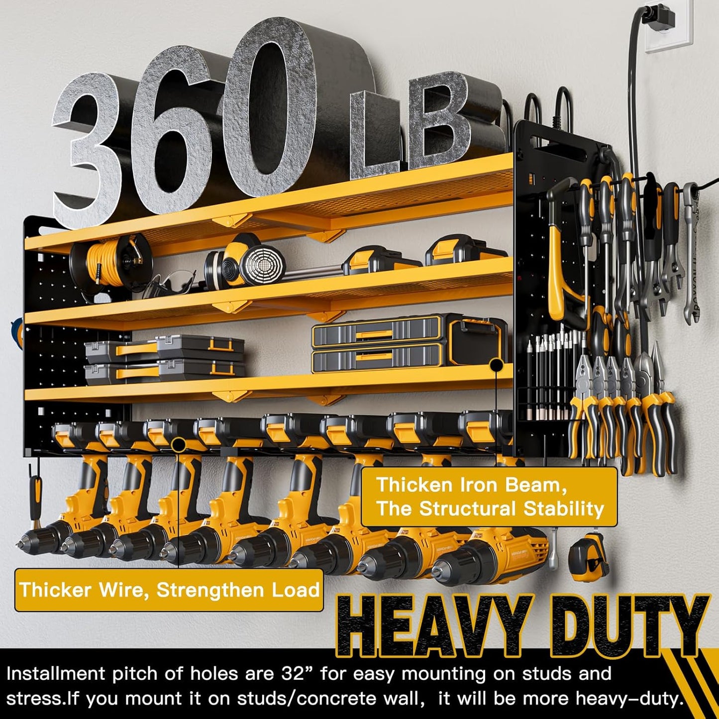 Power Tool Organizer Wall Mount with Charging Station, 8 Drill Holder, 4 Layer Storage Rack for Garage Organization, Tool Holder with 8 Outlet Power Strip (Yellow)