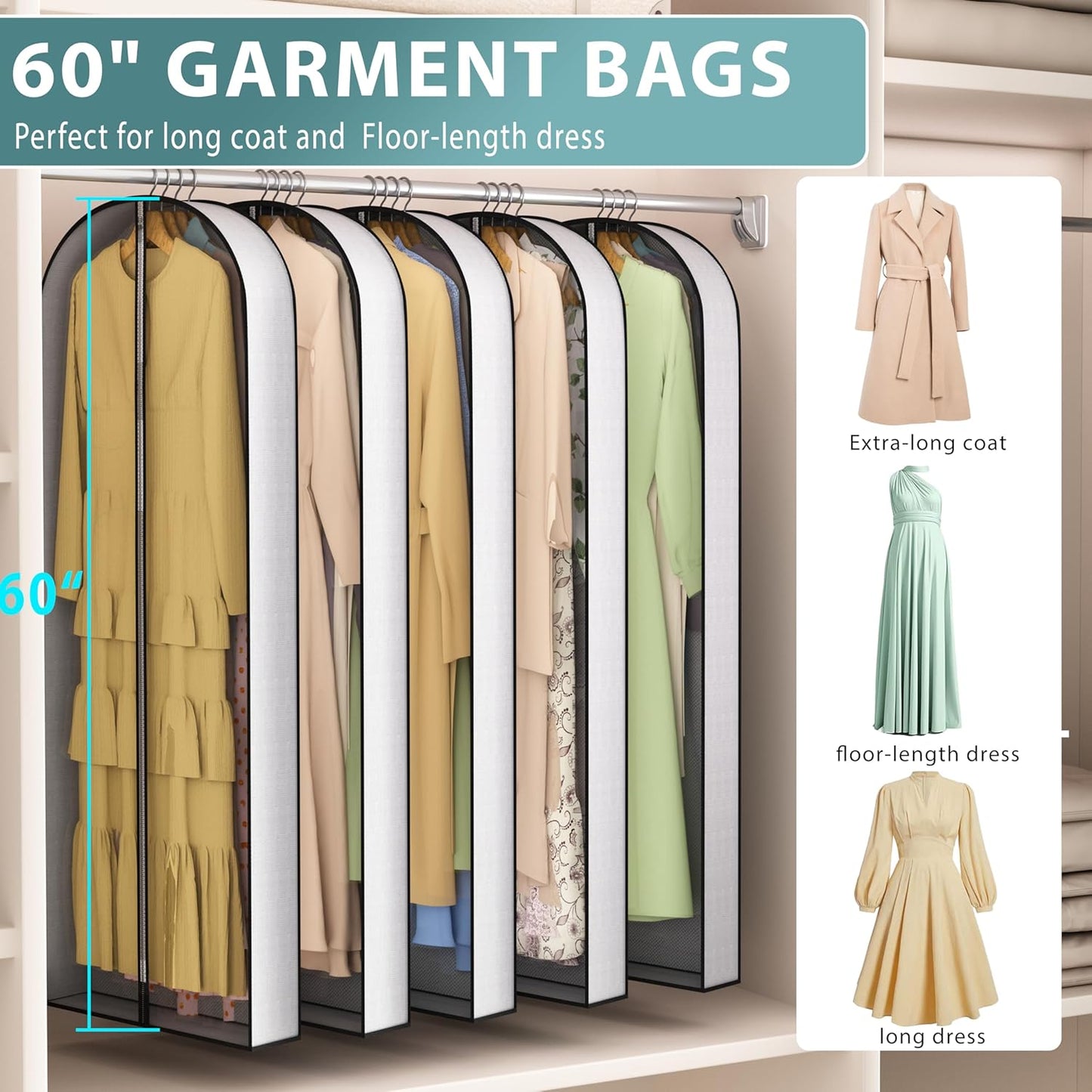 60” Garment Bags for Hanging Clothes 4” Gusseted - with Clear Window, Breathable Fabric, Metal Zipper, Suit Coat Long Dress Protector for Clothes Closet storage, Season Off, Moving, 5 Pack
