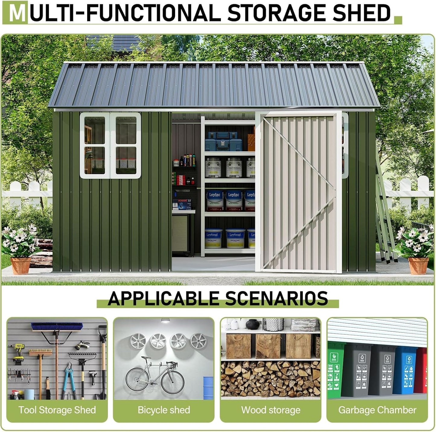 VanAcc 12x10.3x8.1 FT Galvanized Steel Outdoor Storage Shed with a Lockable Hinged Door and 2 Windows, Metal shed for Garden, Backyard, Dark Grey/White