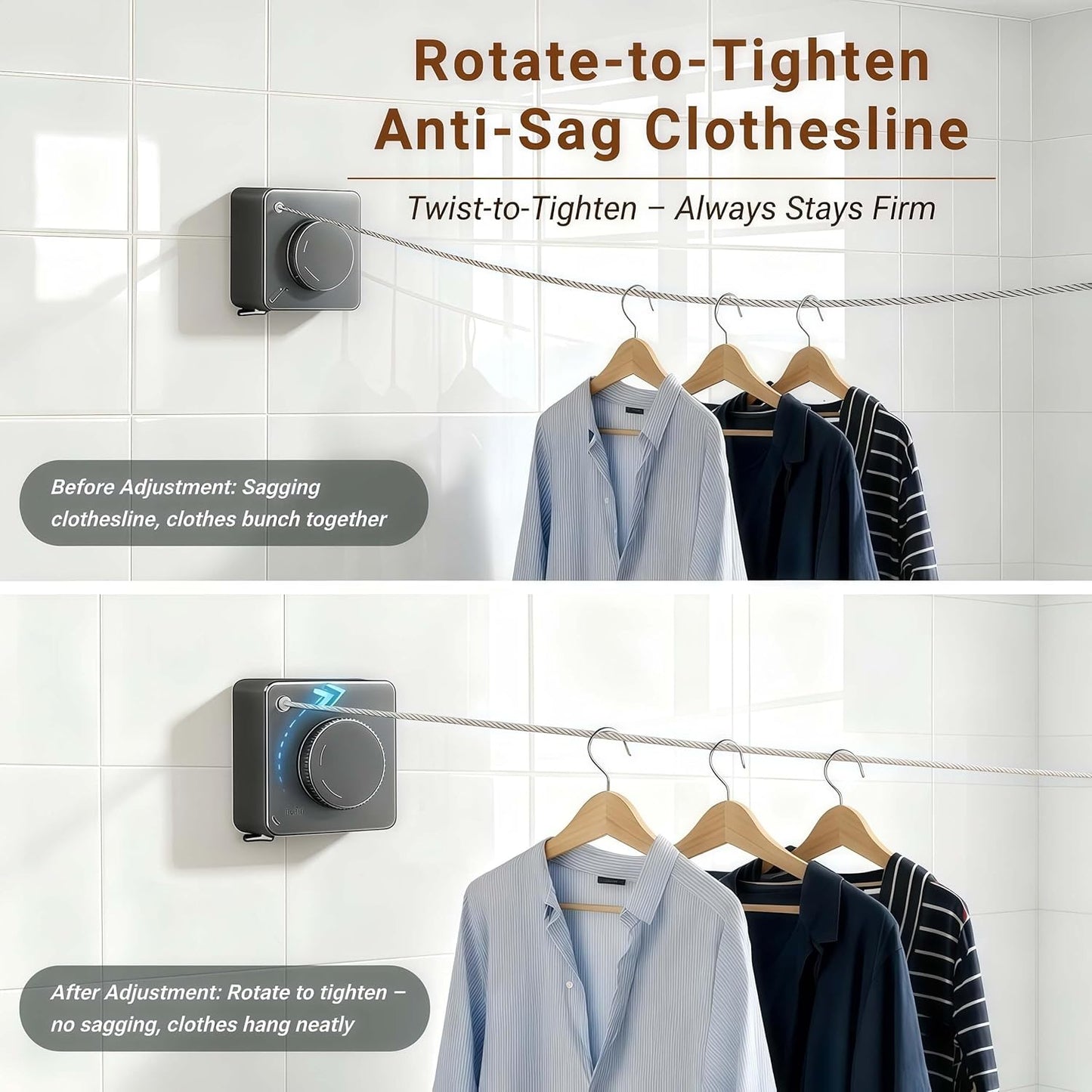 Retractable Clothesline Indoor & Outdoor – 16.8 Ft Non-Sagging Heavy-Duty Stainless Steel Clothes Line for Apartments, Bathrooms, Balconies & RV Walls, Space-Saving Laundry Line