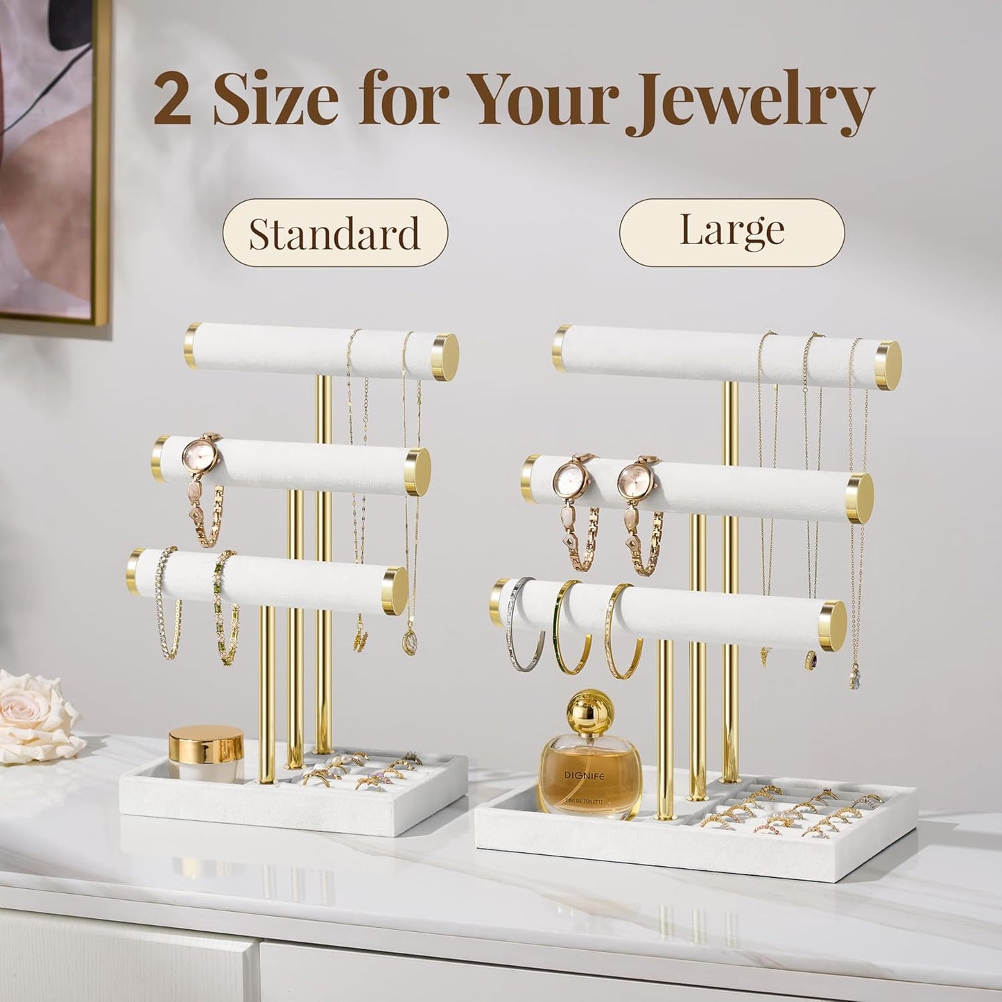 3 Tier Bracelet Holder Display - Detachable T Bar White Velvet Bracelet Holder, Jewelry Holder Organizer for Bracelet, Necklace, Watches, Rings