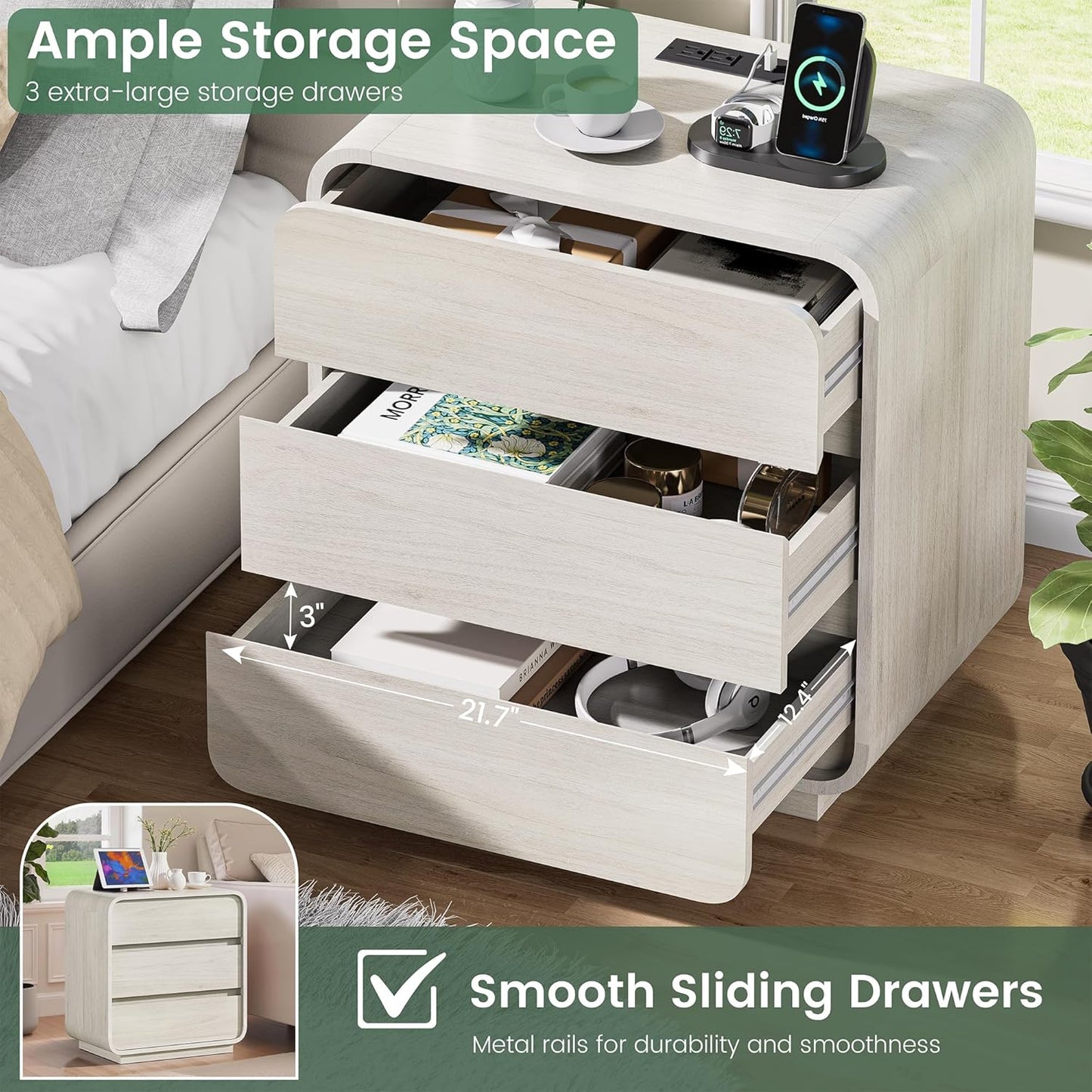 White Nightstand with Charging Station, 25" Tall Wood Bedside Table, Modern Curved End Table with 3 Storage Drawers Night Stand for Bedroom, Dorm, Sofa, Office