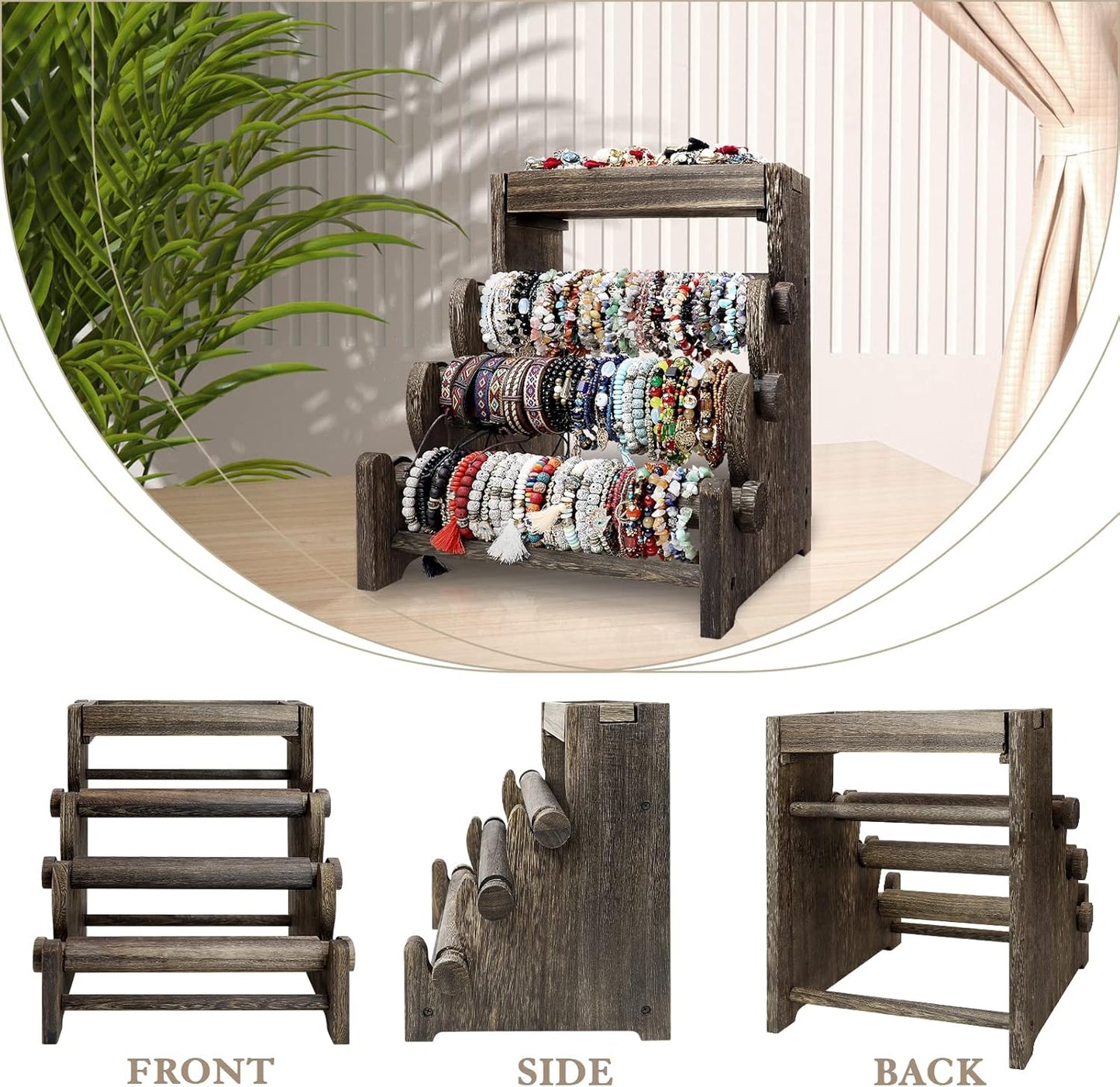 LadyRosian 4 Tier Wooden Bracelet Holder, Bangle Watch Necklace Display Storage Jewelry Holder Stand Display Organizer (Brown-box)
