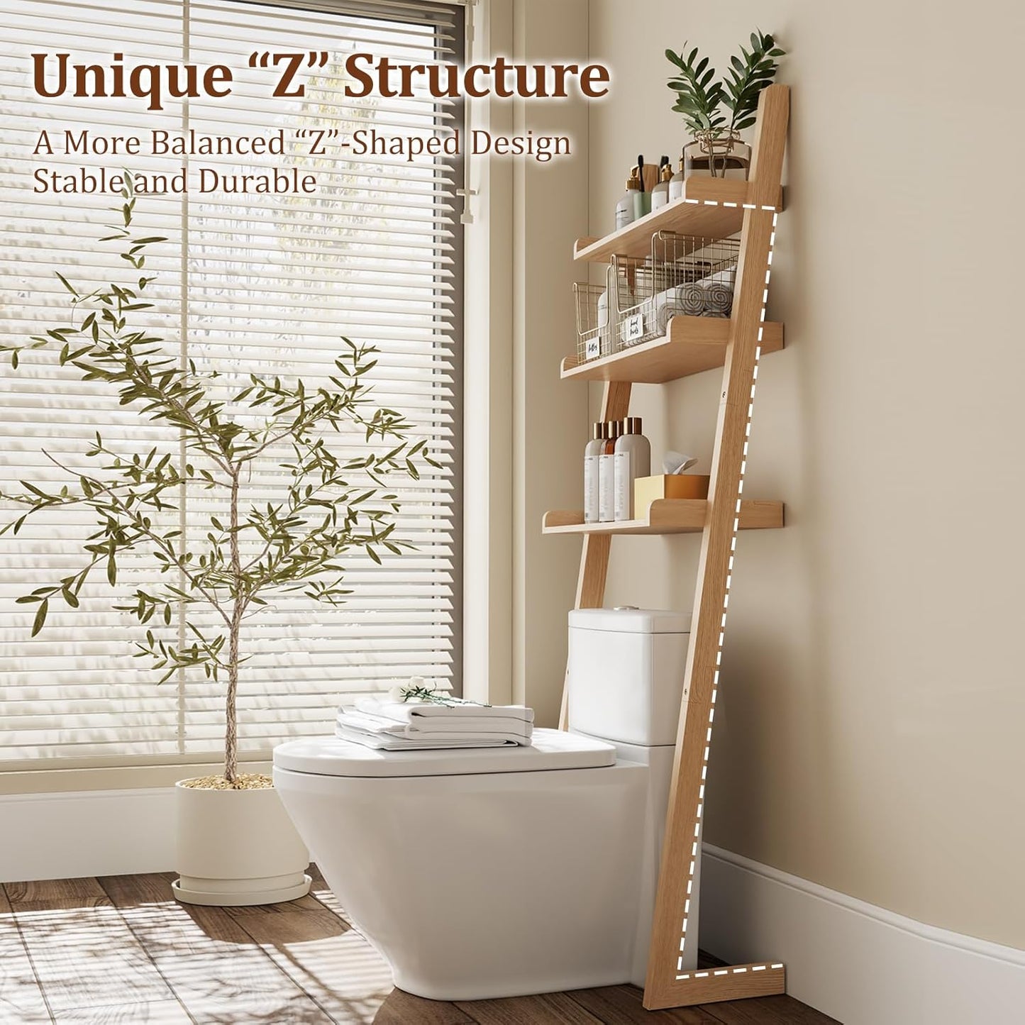 Over The Toilet Storage Shelf Wood, 3-Tier Above Toilet Organizer Rack, Freestanding Above Toilet Shelf for Bathroom, Laundry, Space Saver, Natural Color.