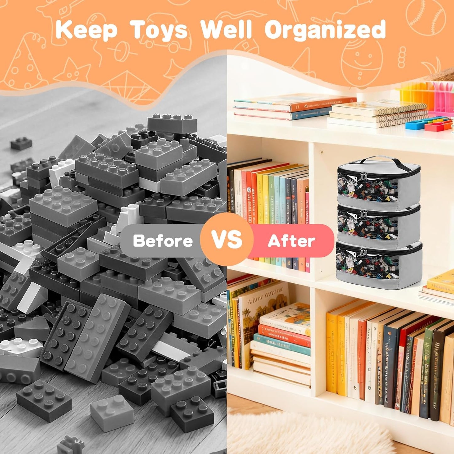 4 PCS Toy Storage Bags, Transparent PVC Toy Organizer Bag with Manual Pocket for Classic Building Bricks, Puzzles,Toy Cars, Large Size, Grey