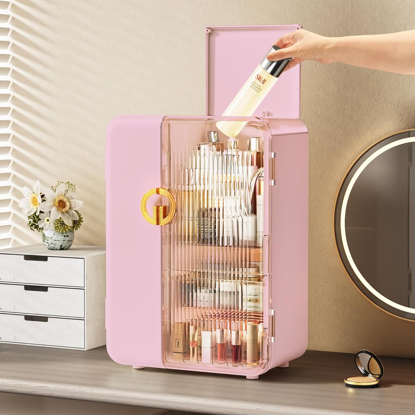 UAK Makeup Organizer with Drawers for Vanity, Cosmetic Display Case with Brush Holders, Storage for Skincare Countertop Bathroom (Pink)