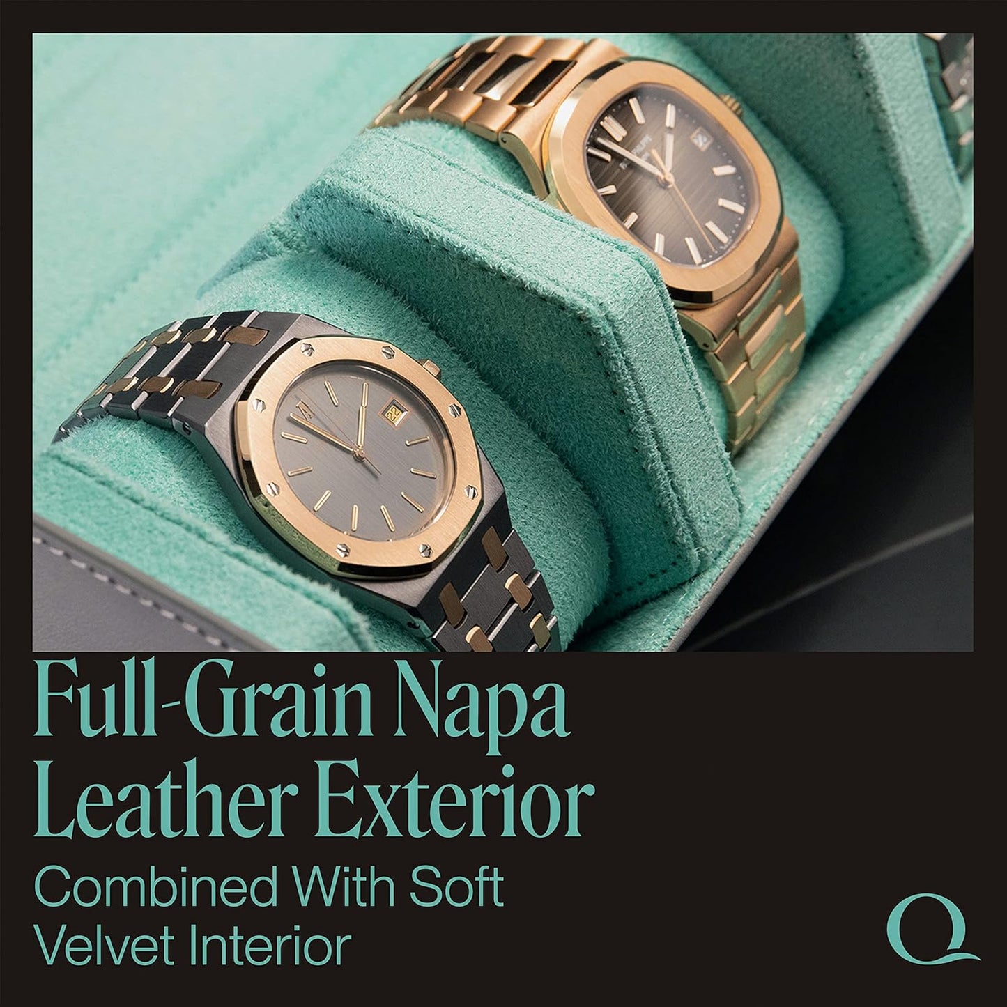 QWATCHBANDS Napa Leather Watch Rolls for Men - Hexagon Triple Watch Roll Travel Case 3 Watches - Storage Organizer Genuine Leather with Velvet Interior Display (Gray/Turquoise)
