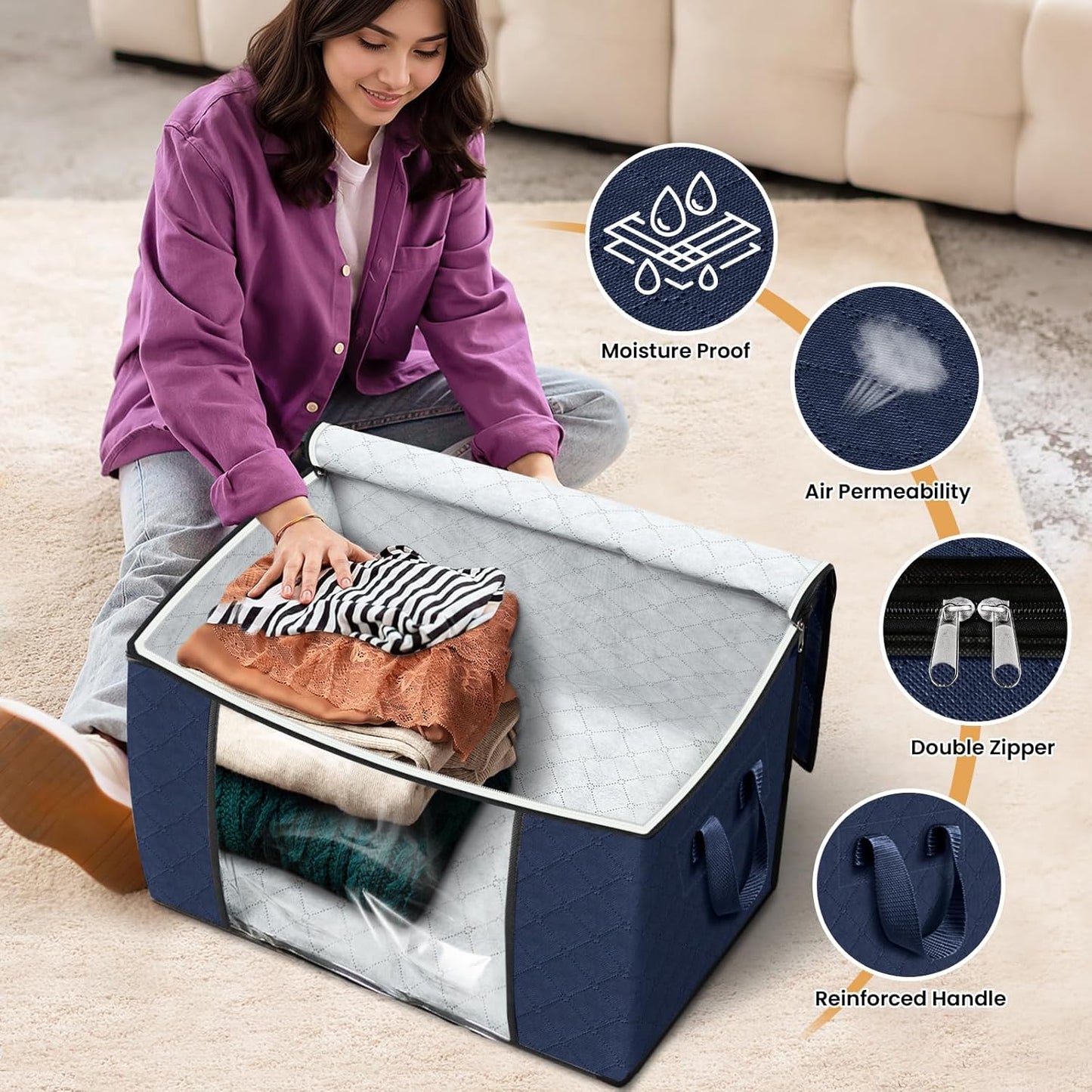 Fab totes 24 Gallons Clothes Storage, Foldable Thick Fabric Blanket Storage Bags, Containers for Organizing Bedroom, Closet, Clothing, Comforter, Organization with Handle (4 Pack,Blue)