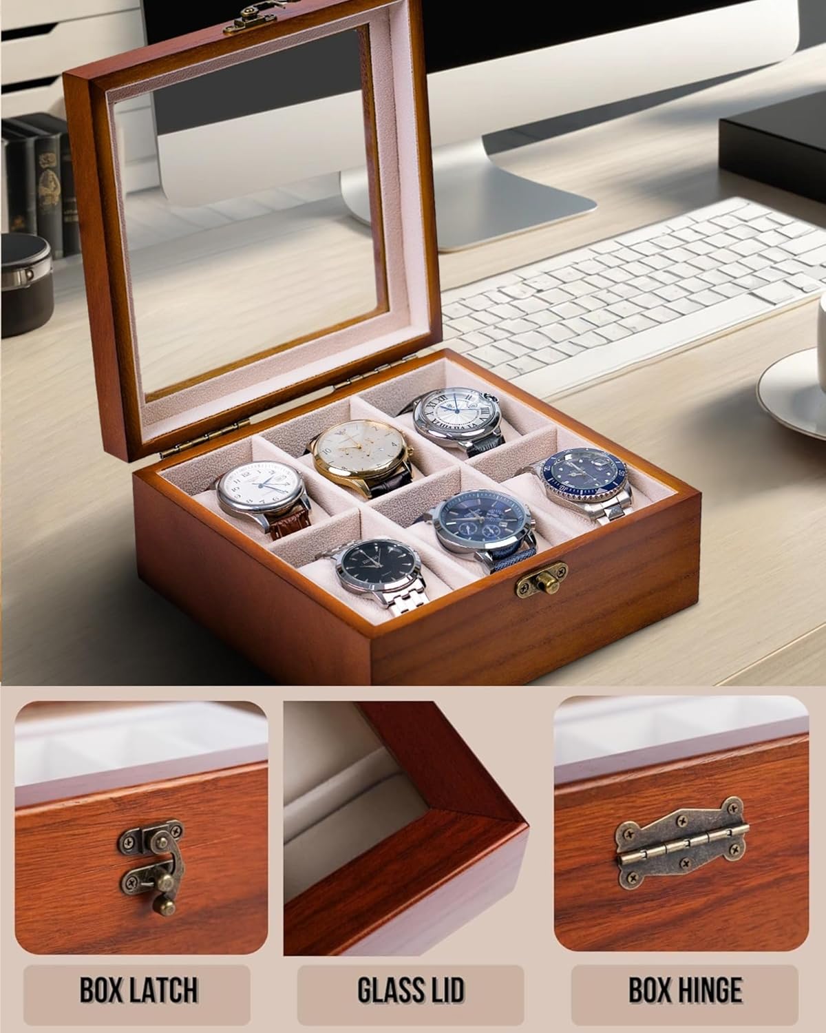 Watch Box, Watch Case for Men Women with Large Glass Lid, Wooden Watch Display Storage Box with 6 - Slots, Classic Walnut 6x2 Mens Watch Box Organizer