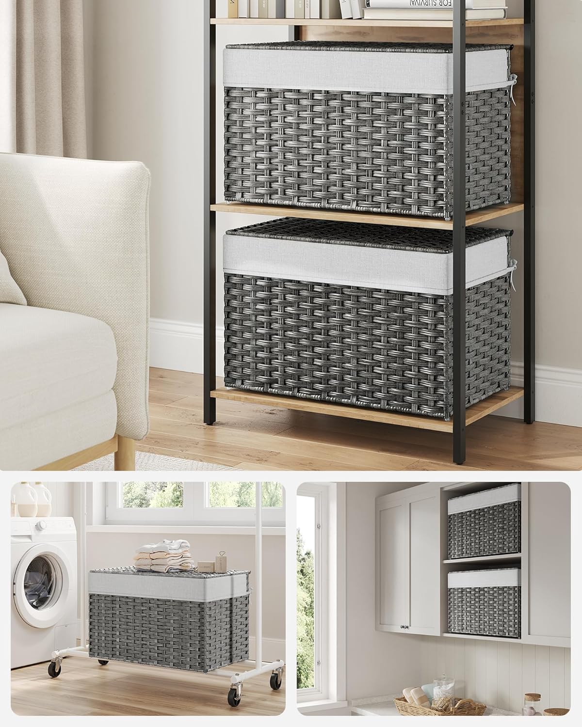 SONGMICS Storage Basket with Lid, Woven Blanket Storage Bin with Handles, Foldable, Removable Liner, Metal Frame, for Bedroom, Laundry Room, 27.7 Gallons (105 L), Gray URST066G01