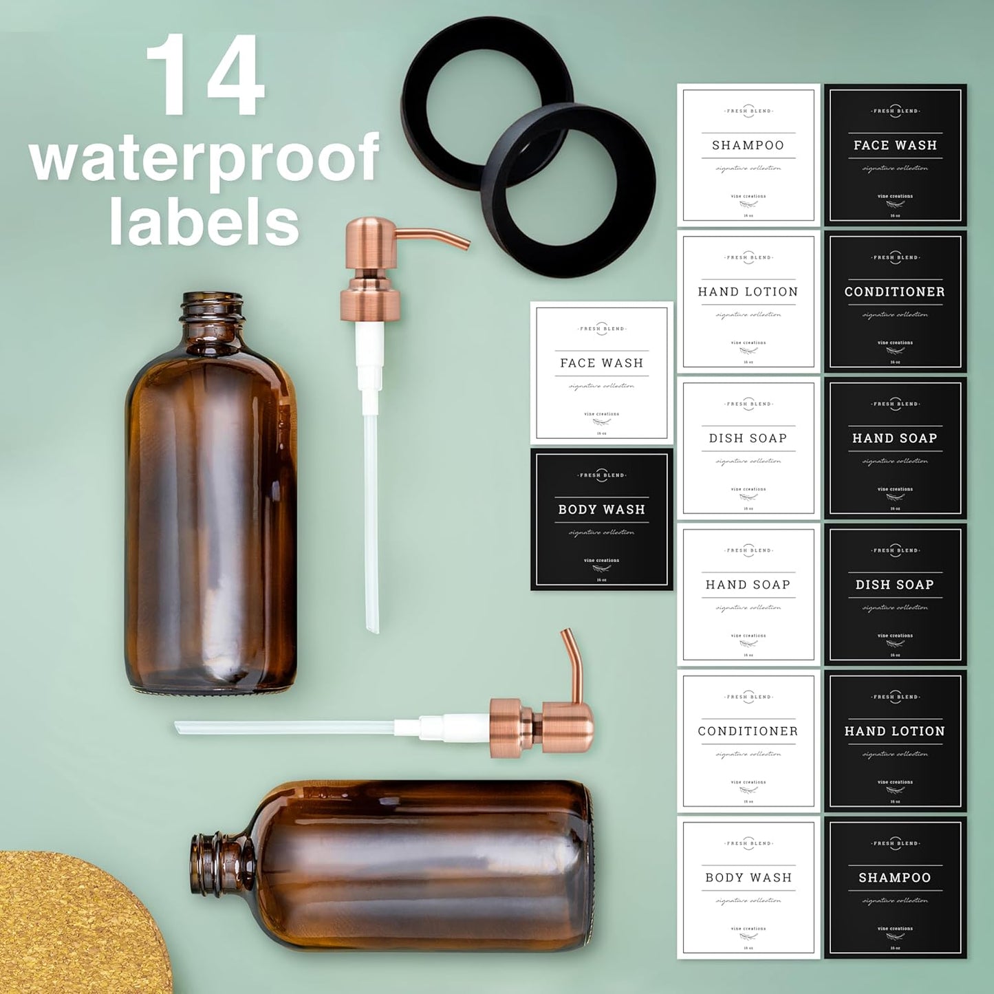 Vine Creations Amber Glass Soap Dispenser, 2 Pack Kitchen Soap Dispenser Set with Stainless Steel Pump, 16 oz Dish Soap and Hand Soap Dispensers for Bathroom with Waterproof Labels